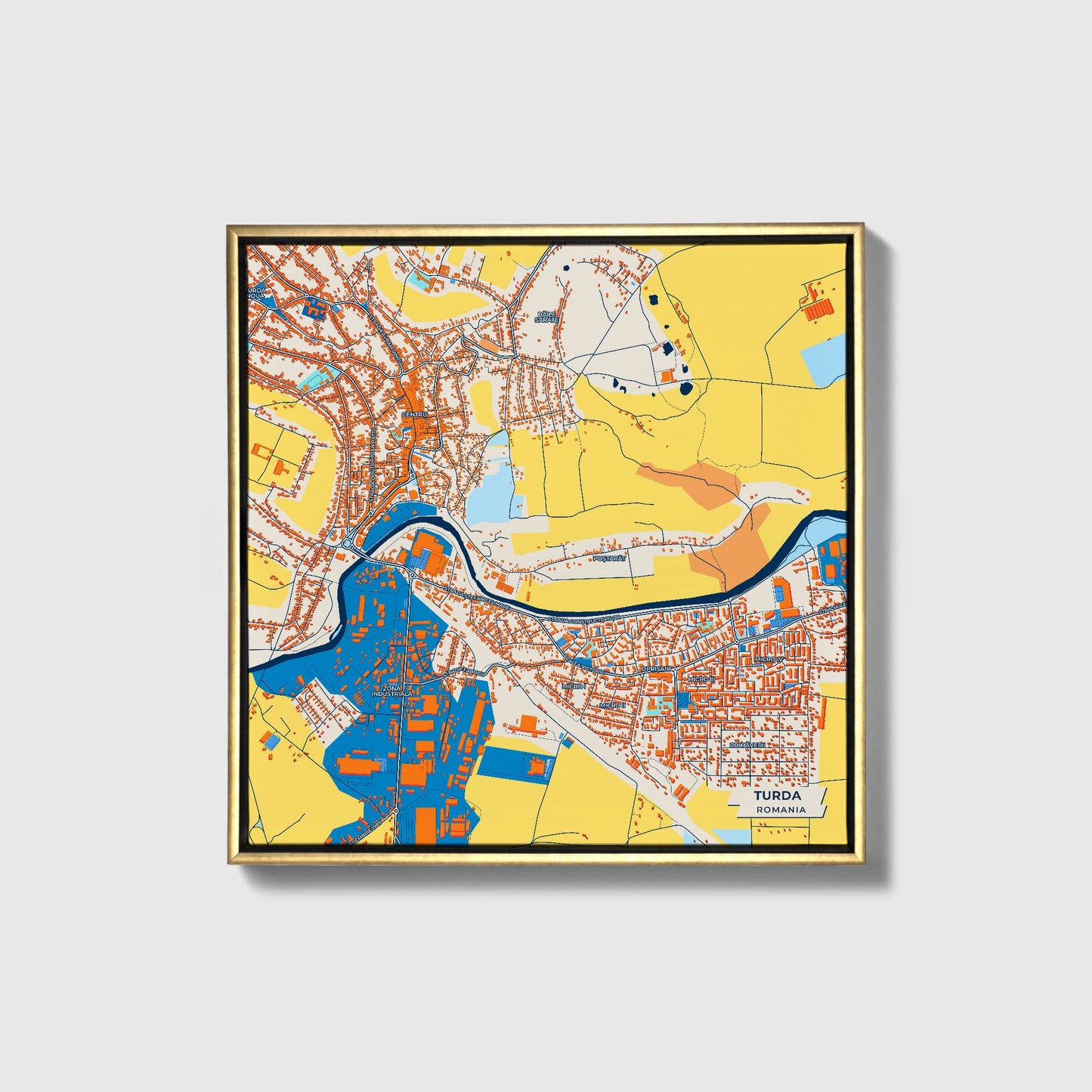 Turda Romania Colorful City Map Canvas Print • Gold Framed