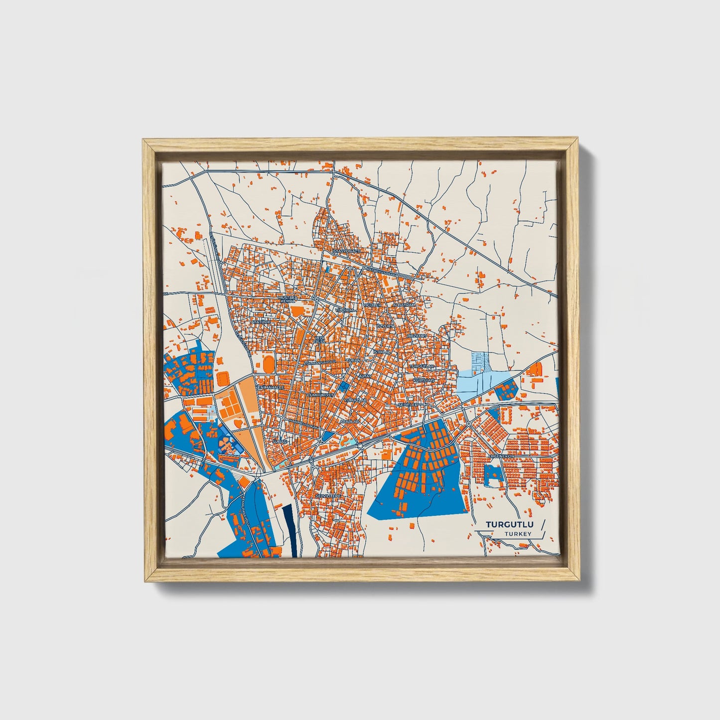 Turgutlu Turkey Colorful City Map Canvas Print • Natural Wooden Framed