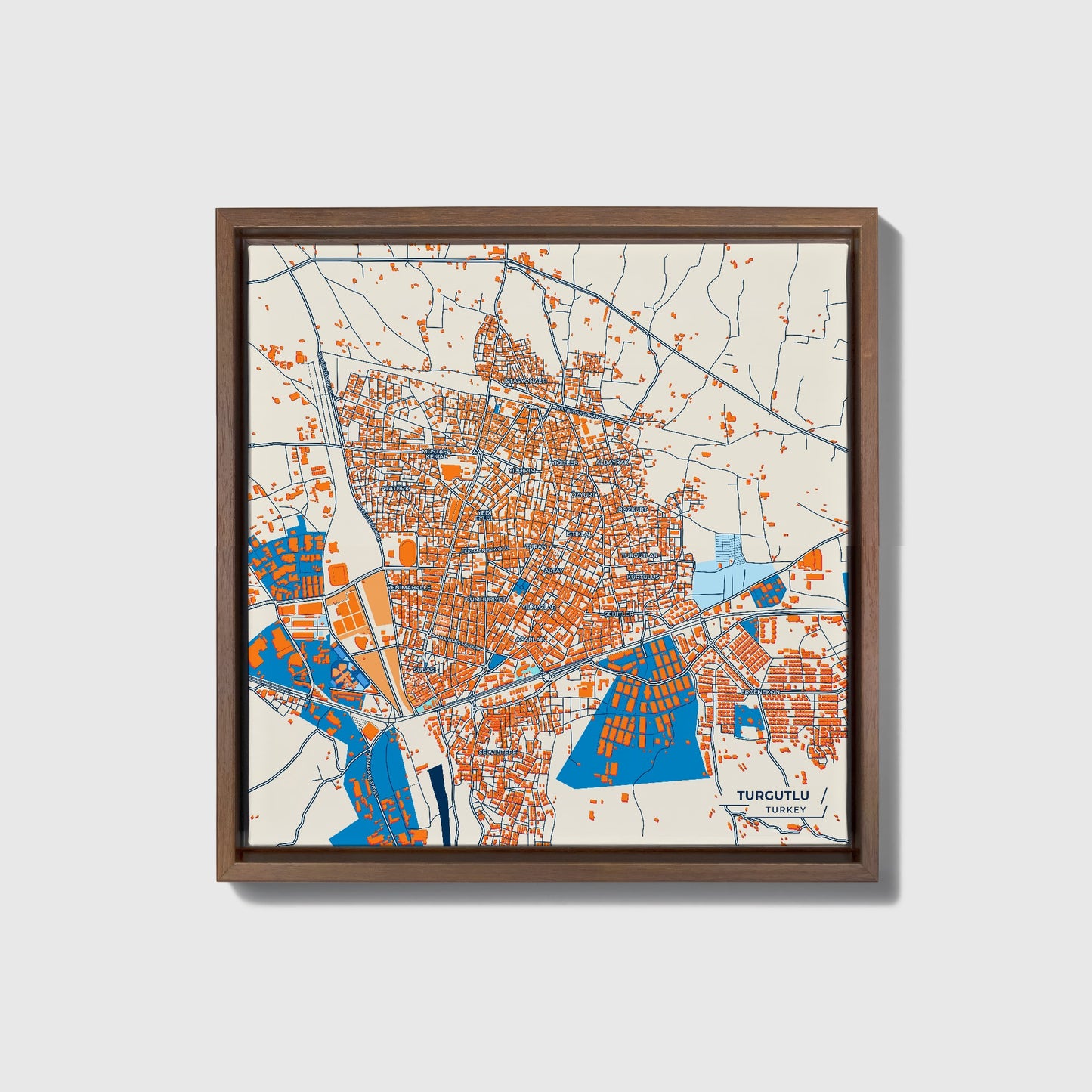 Turgutlu Turkey Colorful City Map Canvas Print • Dark Wooden Framed