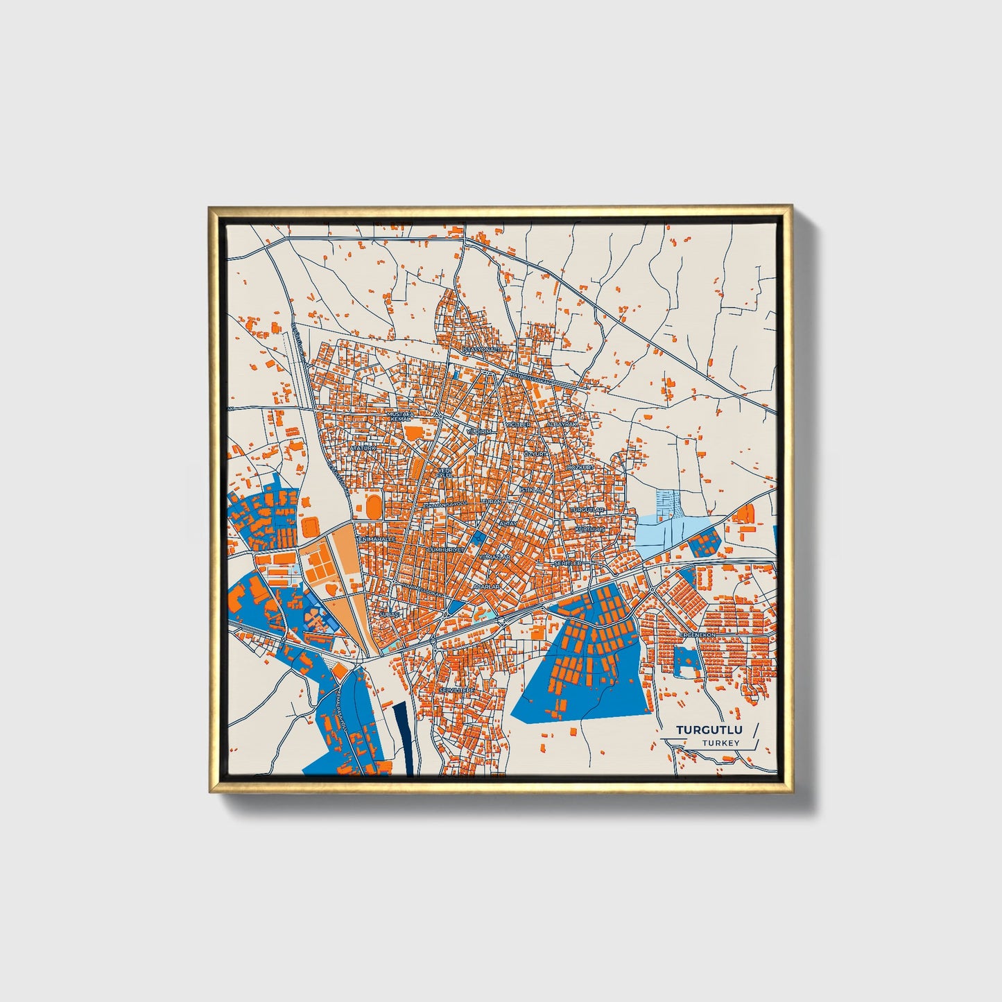 Turgutlu Turkey Colorful City Map Canvas Print • Gold Framed
