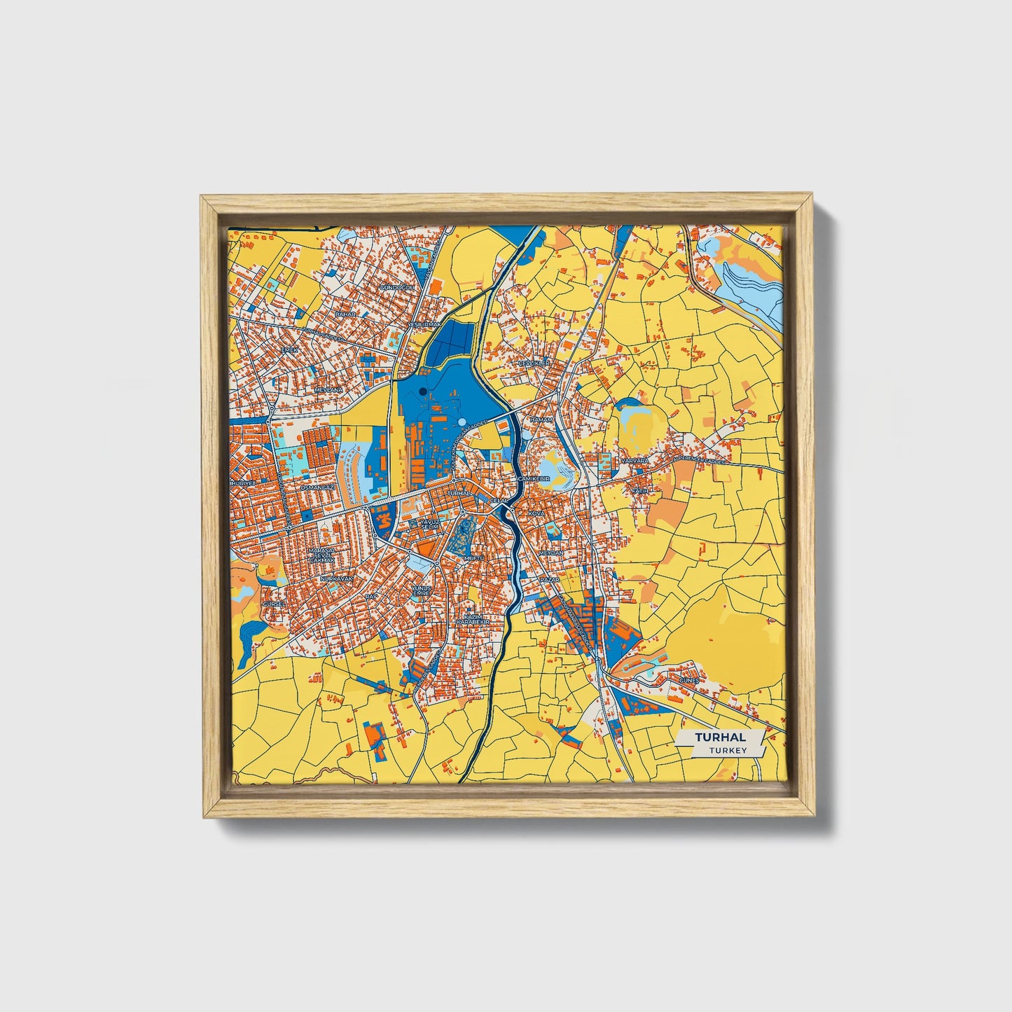 Turhal Turkey Colorful City Map Canvas Print • Natural Wooden Framed