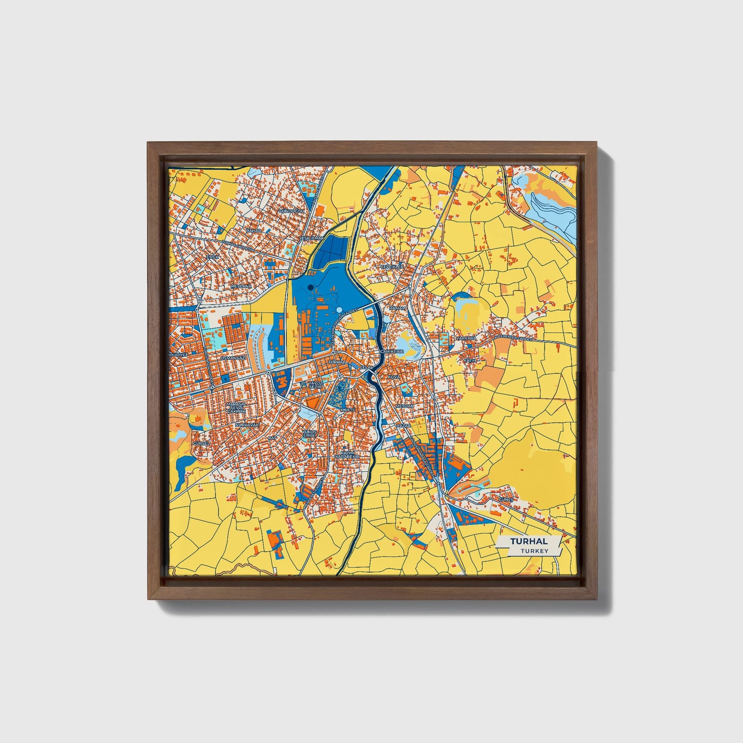 Turhal Turkey Colorful City Map Canvas Print • Dark Wooden Framed