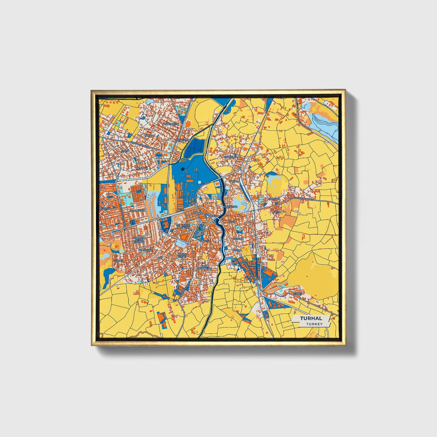 Turhal Turkey Colorful City Map Canvas Print • Gold Framed
