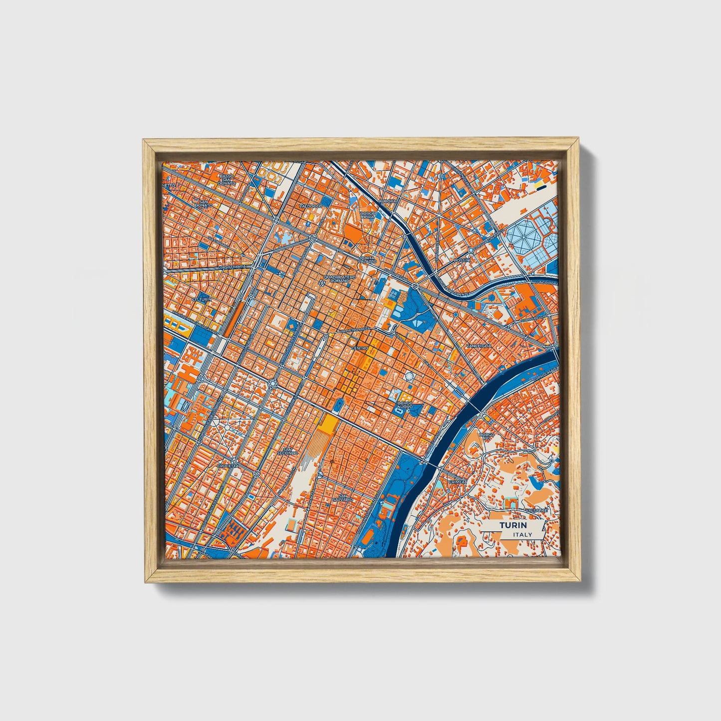 Torino  Italy Colorful City Map Canvas Print • Natural Wooden Framed