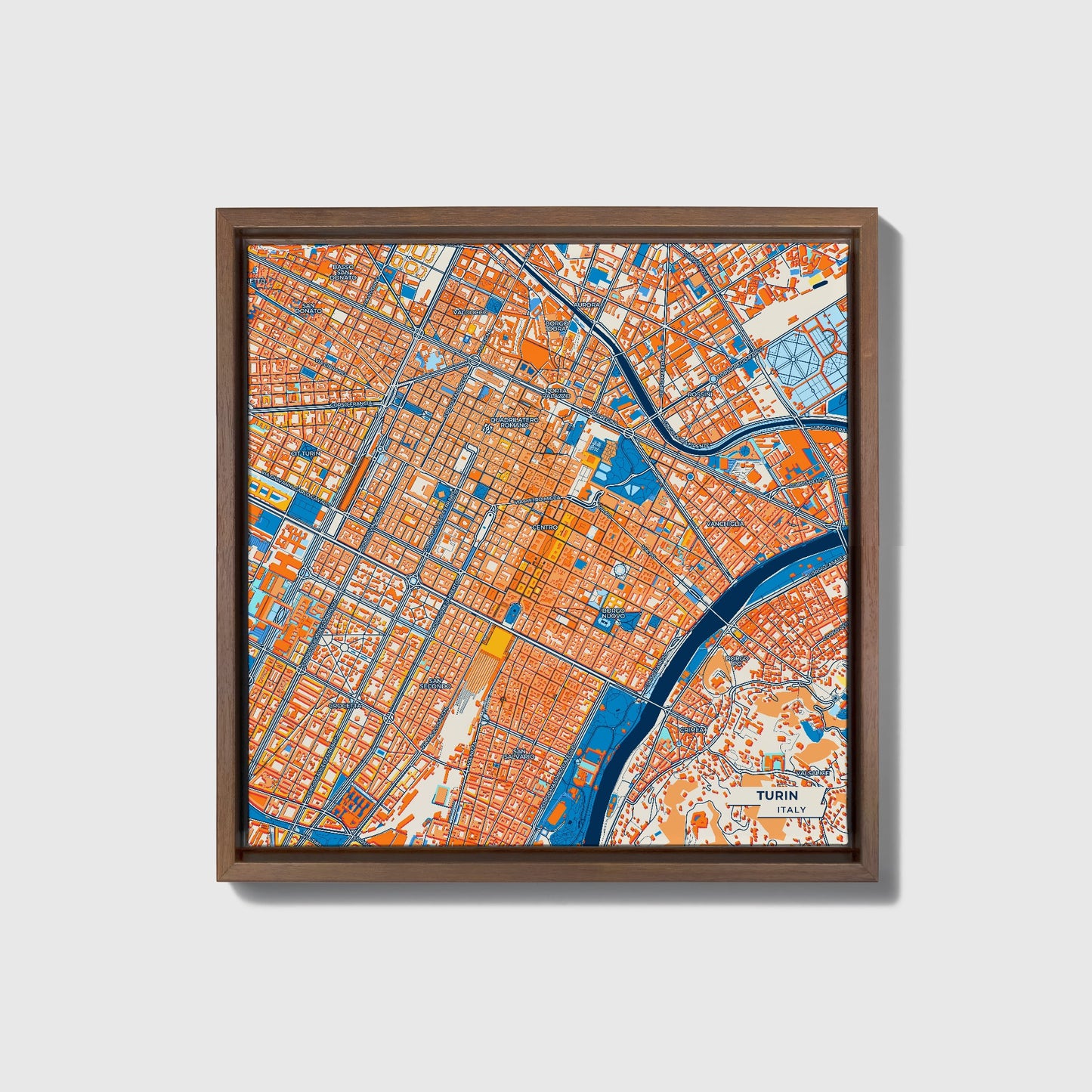 Torino  Italy Colorful City Map Canvas Print • Dark Wooden Framed