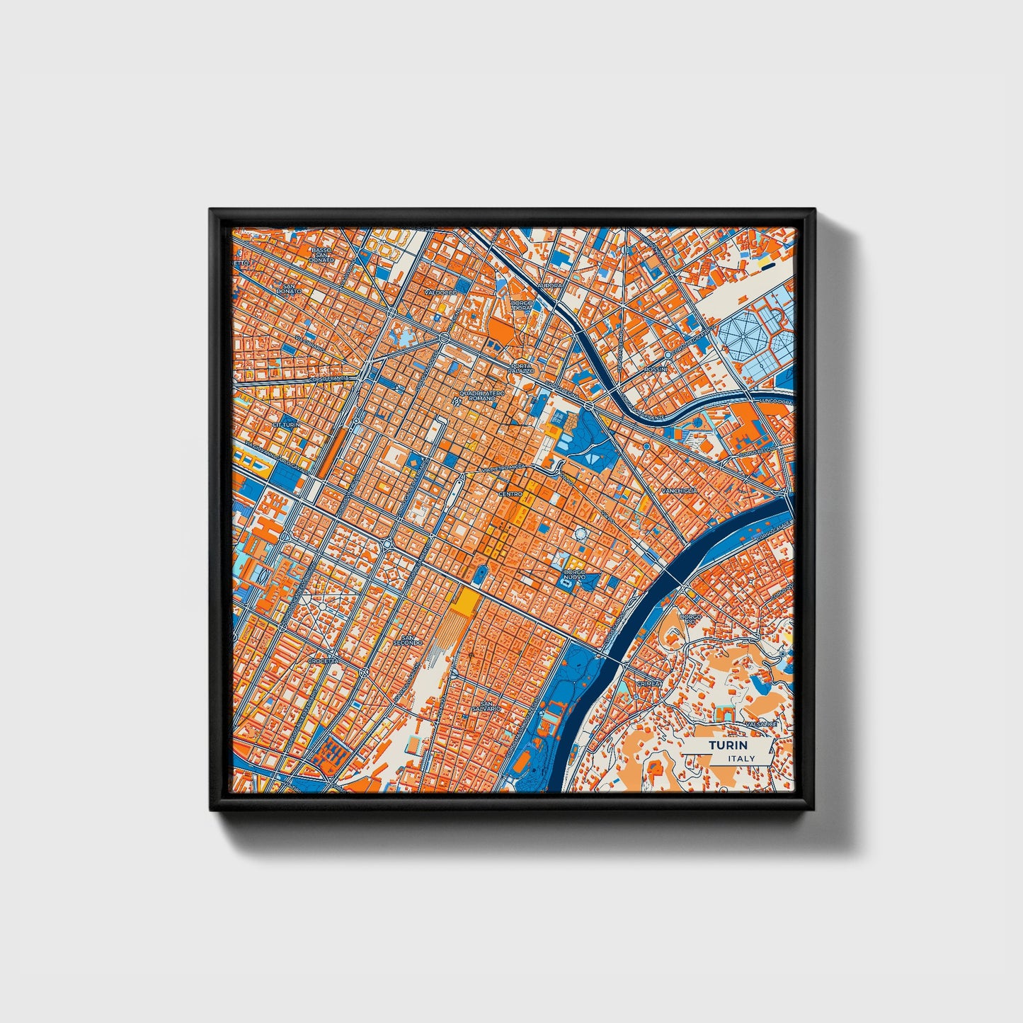 Torino  Italy Colorful City Map Canvas Print • Black Framed