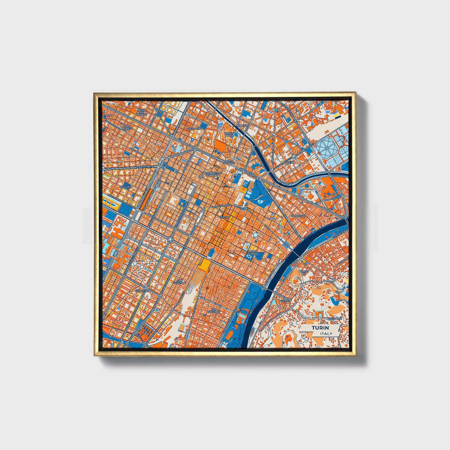 Torino  Italy Colorful City Map Canvas Print • Gold Framed