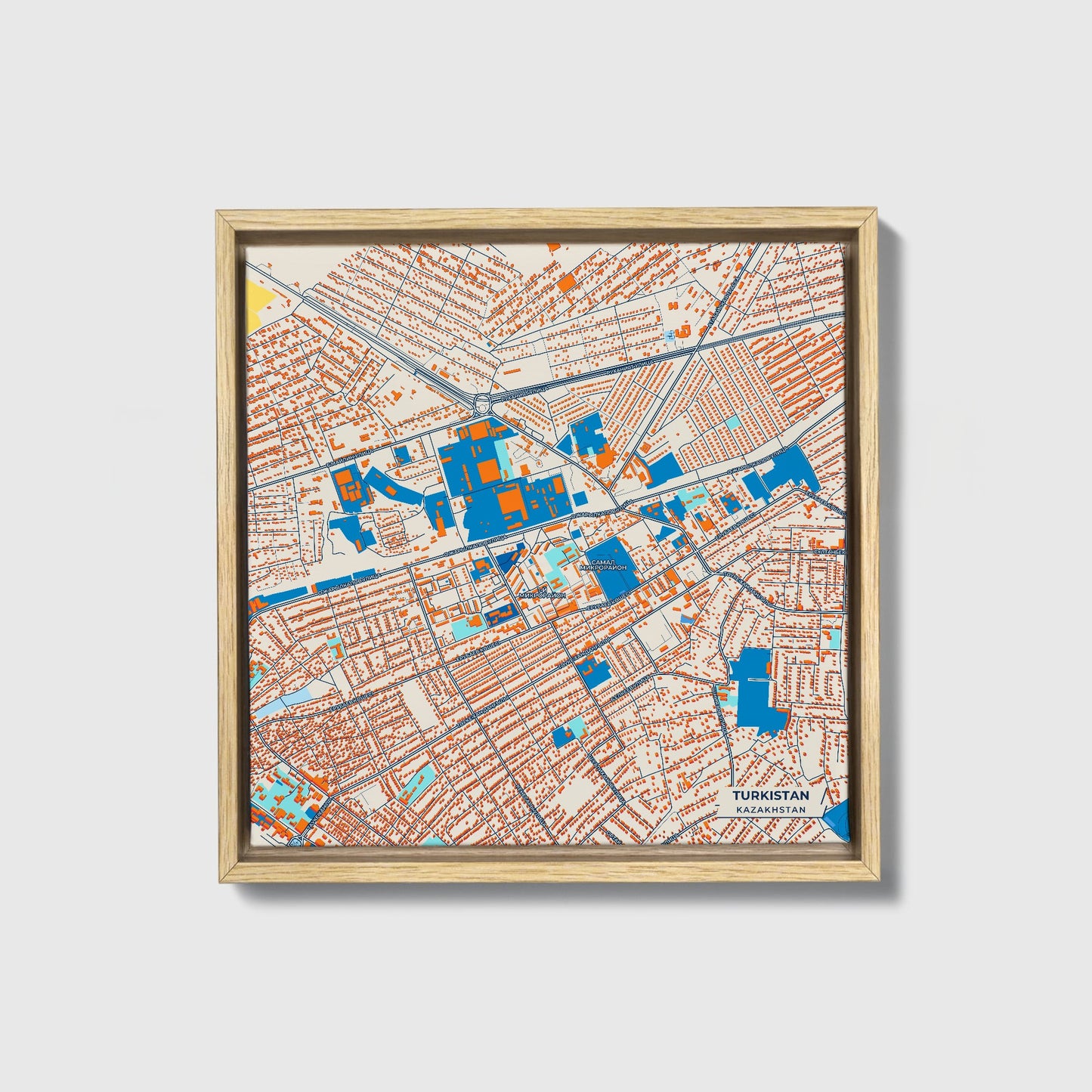 Turkistan Kazakhstan Colorful City Map Canvas Print • Natural Wooden Framed