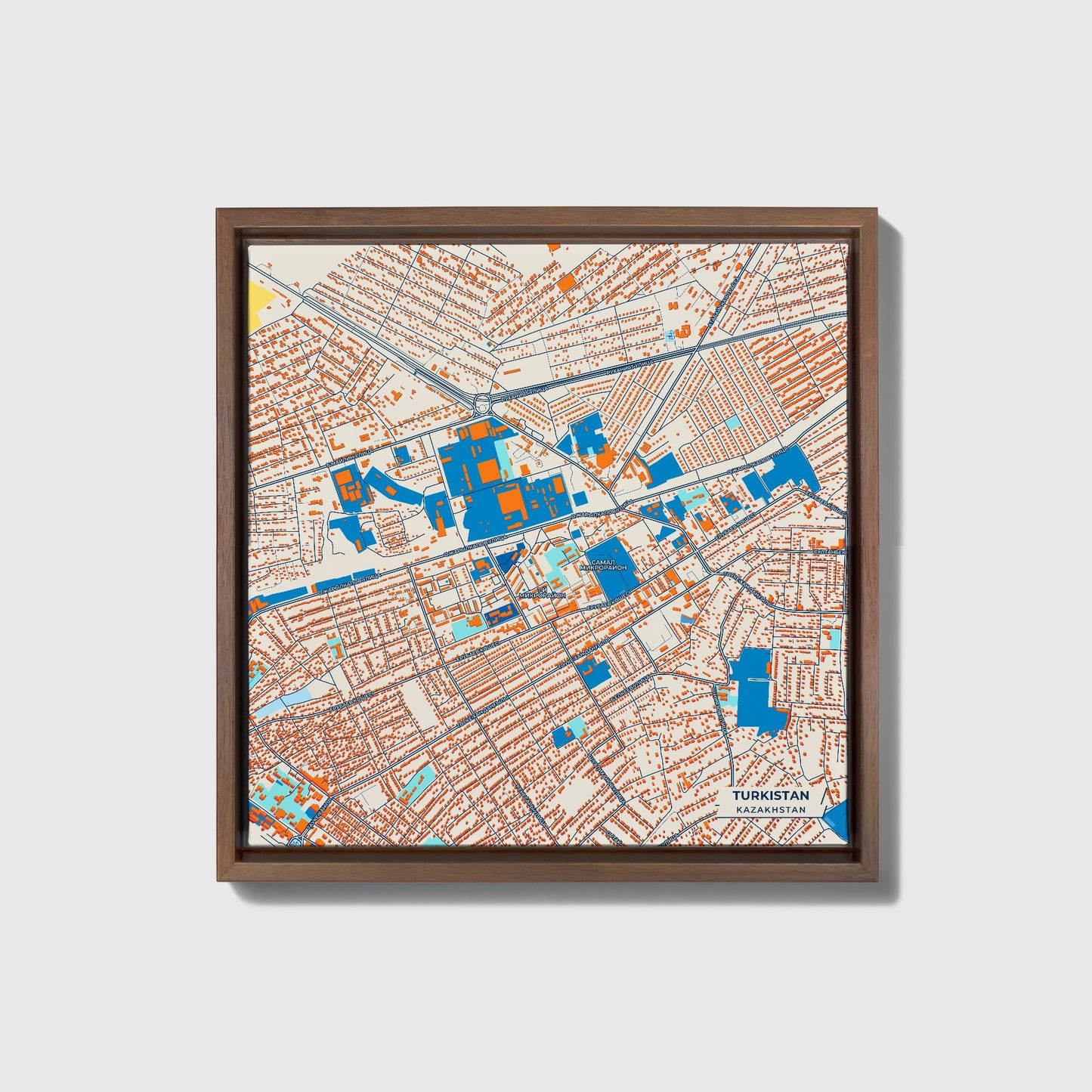 Turkistan Kazakhstan Colorful City Map Canvas Print • Dark Wooden Framed