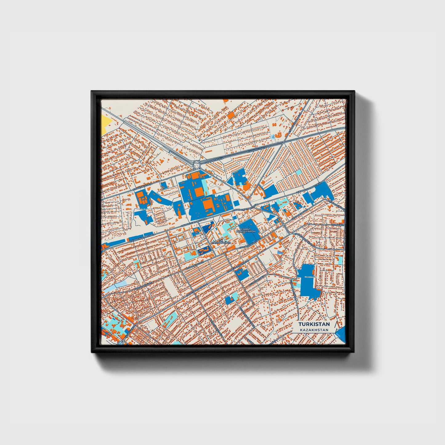 Turkistan Kazakhstan Colorful City Map Canvas Print • Black Framed