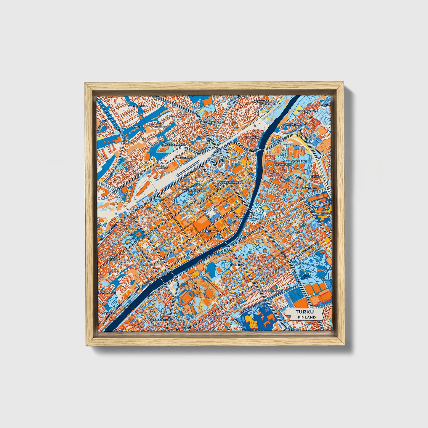 Turku Finland Colorful City Map Canvas Print • Natural Wooden Framed