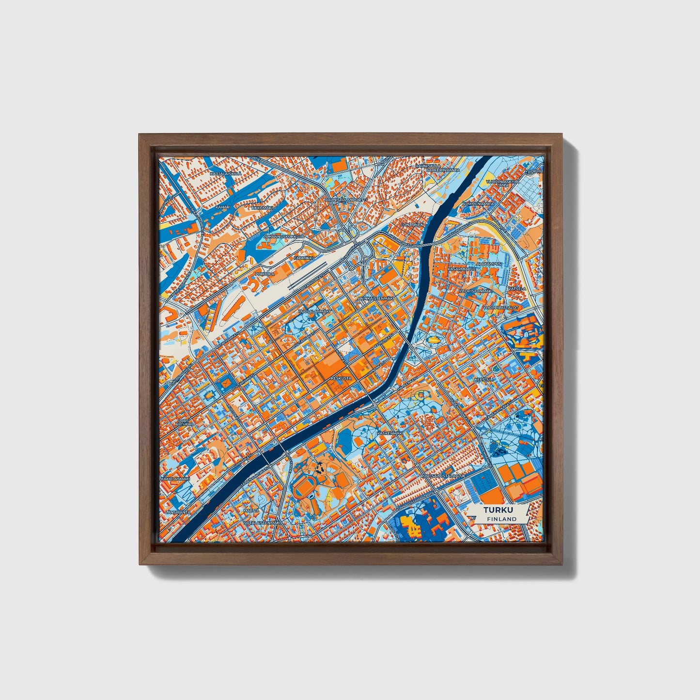 Turku Finland Colorful City Map Canvas Print • Dark Wooden Framed