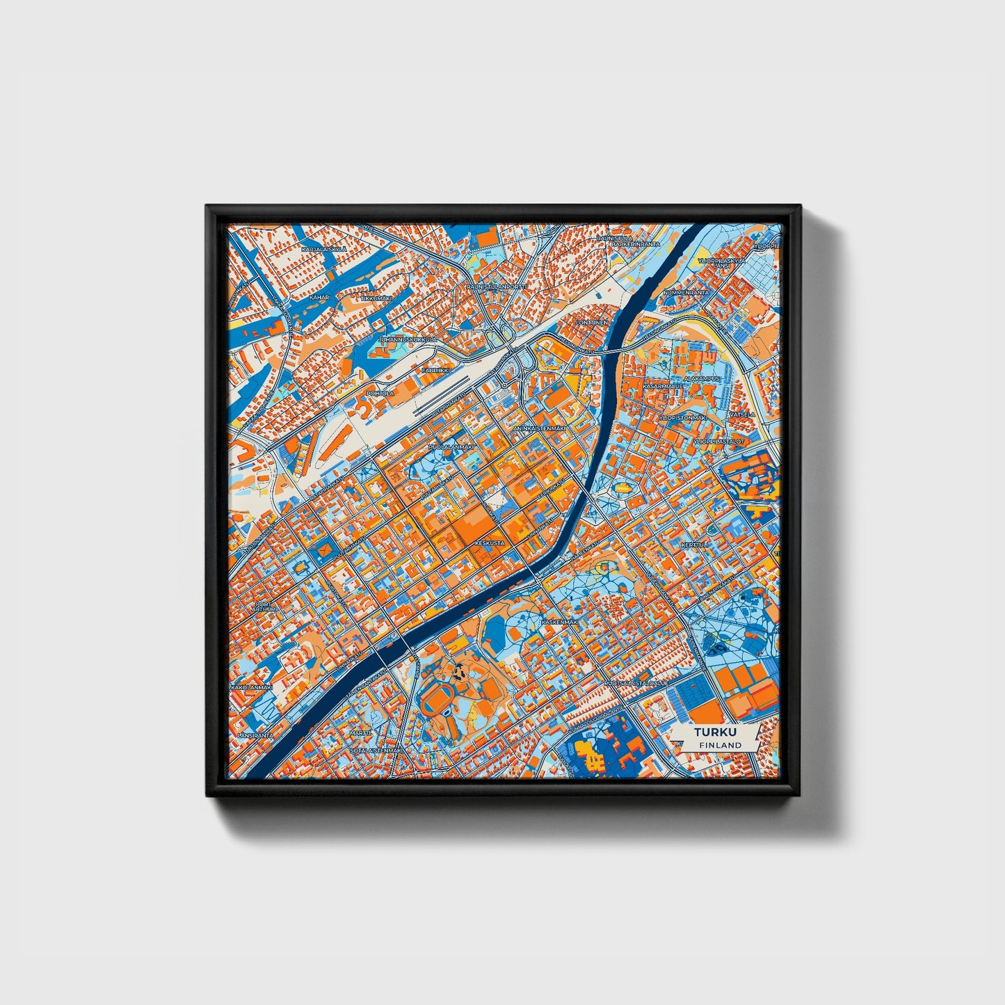 Turku Finland Colorful City Map Canvas Print • Black Framed
