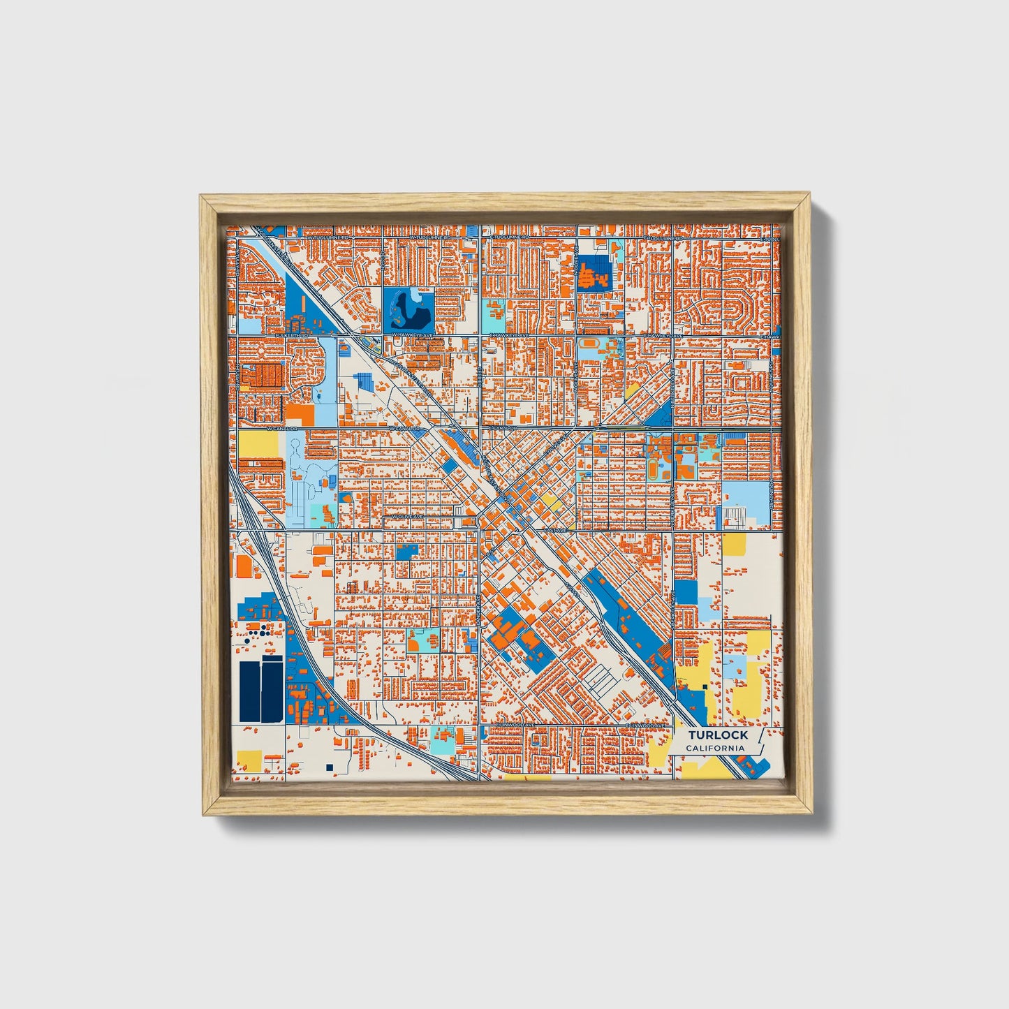 Turlock California Colorful City Map Canvas Print • Natural Wooden Framed