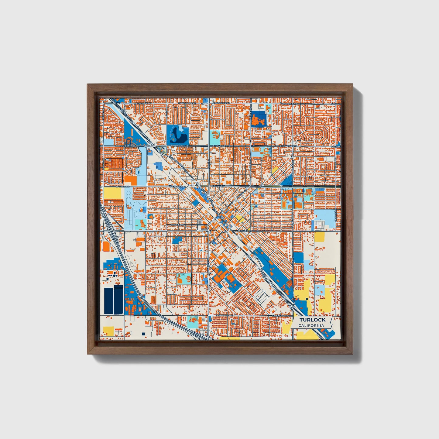 Turlock California Colorful City Map Canvas Print • Dark Wooden Framed