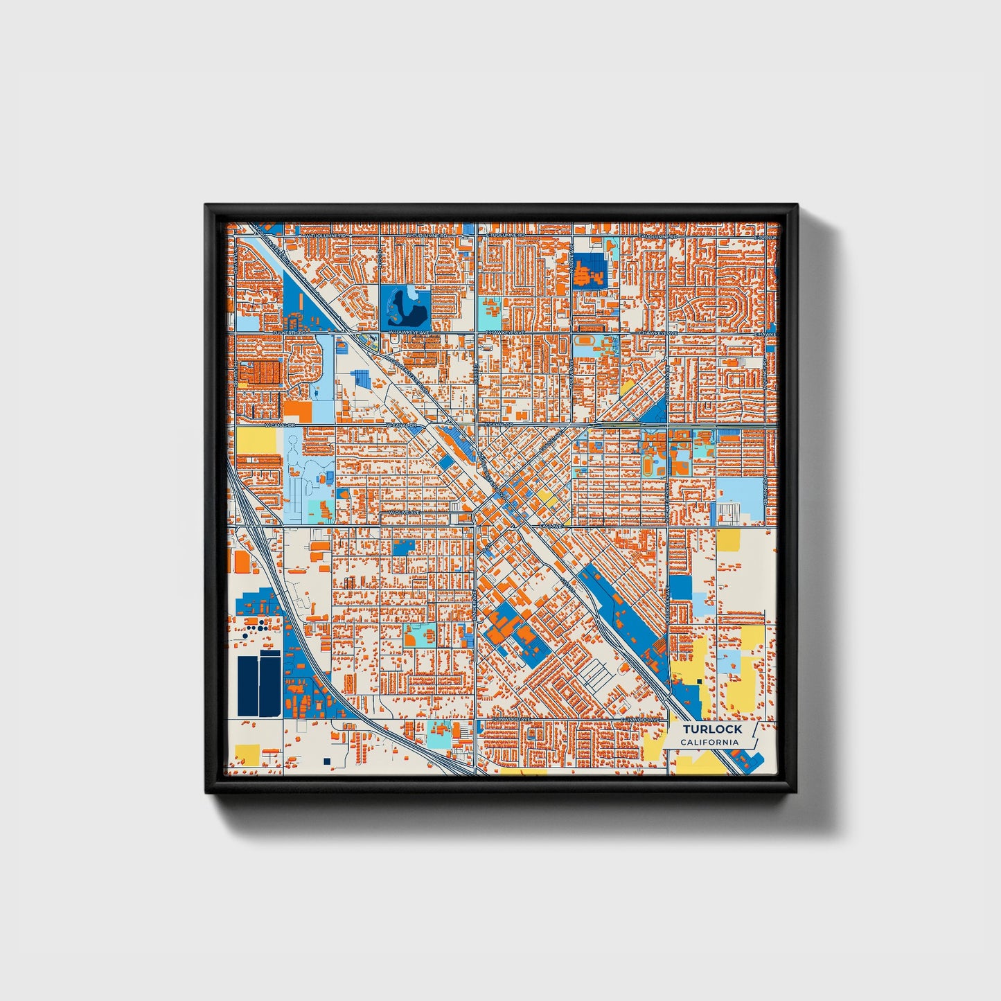 Turlock California Colorful City Map Canvas Print • Black Framed