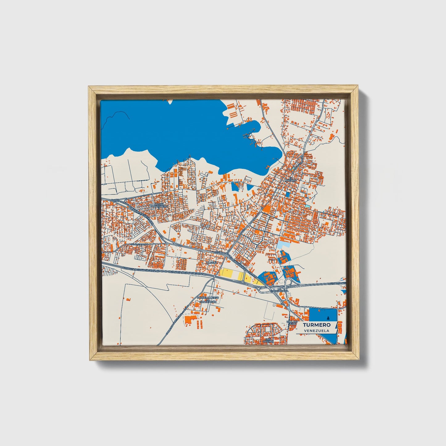 Turmero Venezuela Colorful City Map Canvas Print • Natural Wooden Framed