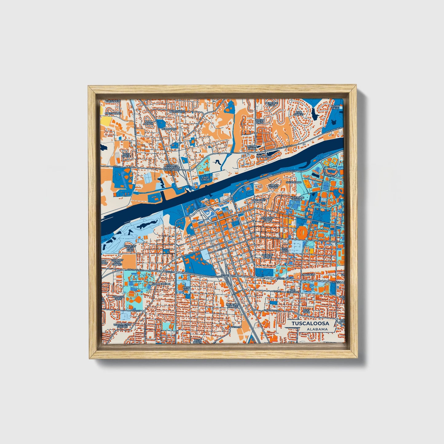 Tuscaloosa Alabama Colorful City Map Canvas Print • Natural Wooden Framed