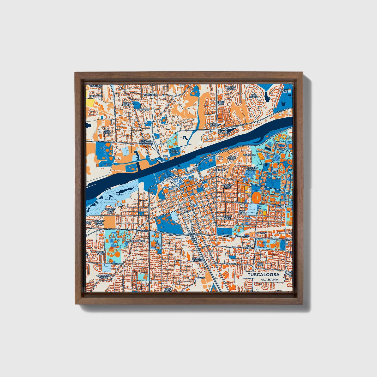 Tuscaloosa Alabama Colorful City Map Canvas Print • Dark Wooden Framed
