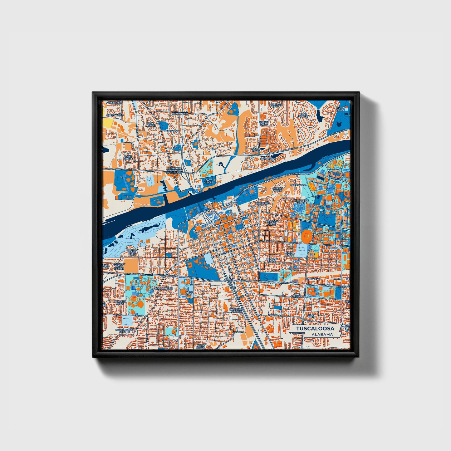 Tuscaloosa Alabama Colorful City Map Canvas Print • Black Framed