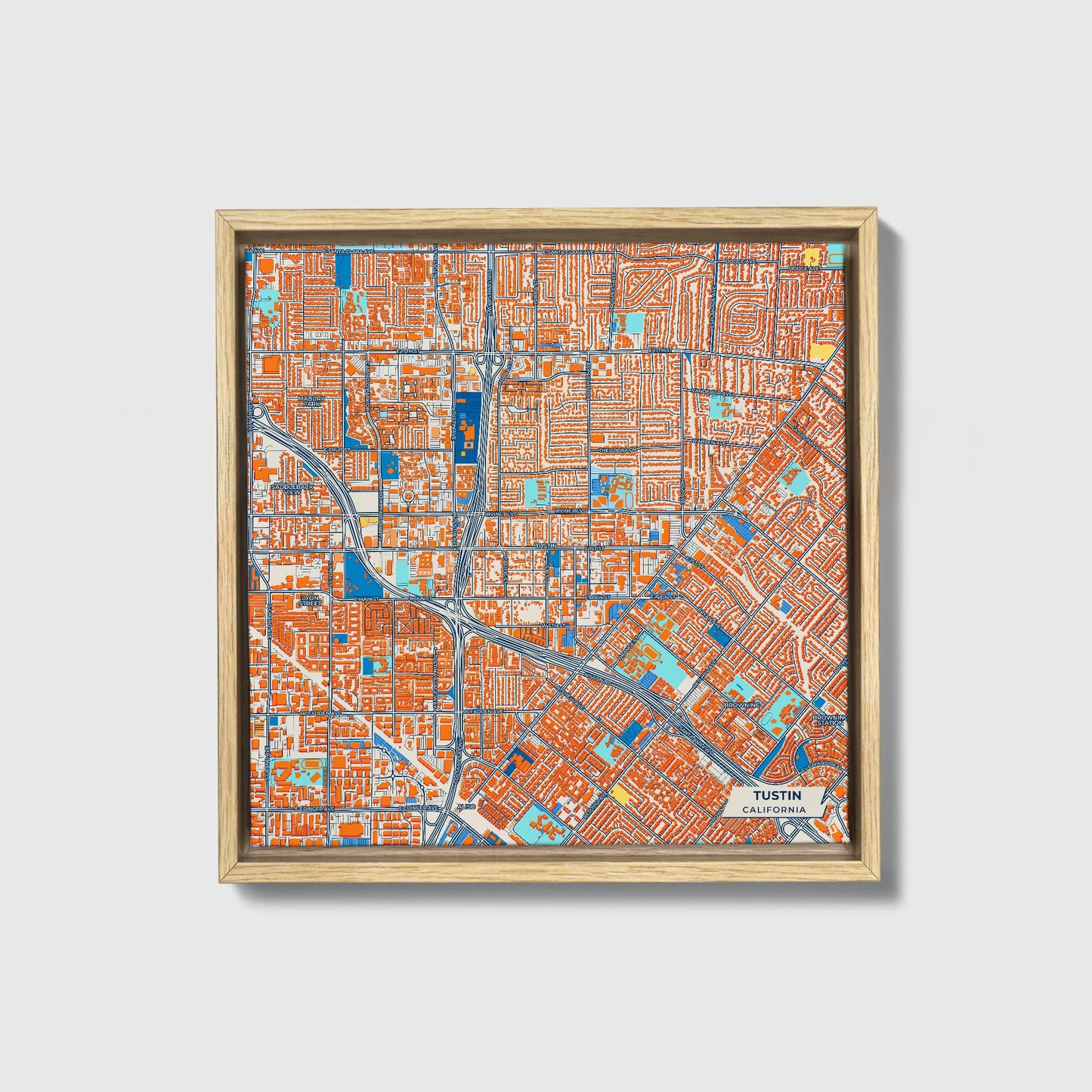 Tustin California Colorful City Map Canvas Print • Natural Wooden Framed