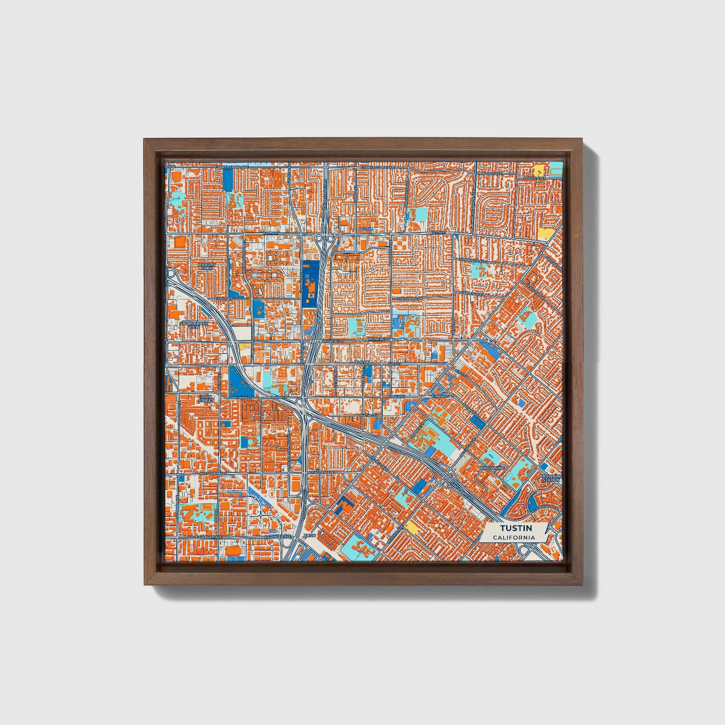 Tustin California Colorful City Map Canvas Print • Dark Wooden Framed