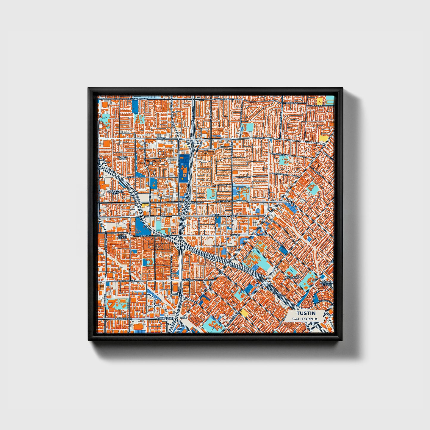 Tustin California Colorful City Map Canvas Print • Black Framed