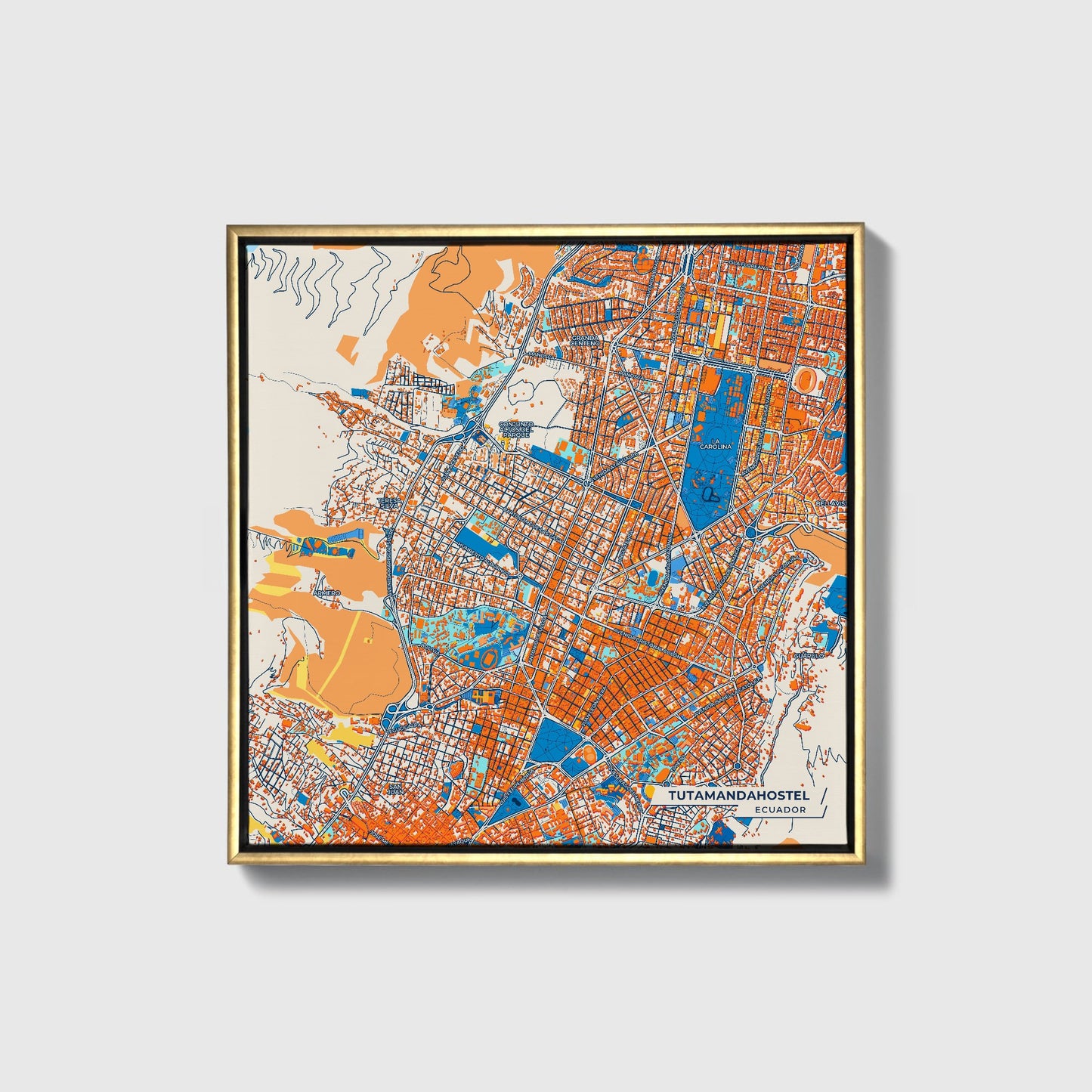 Tutamandahostel Ecuador Colorful City Map Canvas Print • Gold Framed
