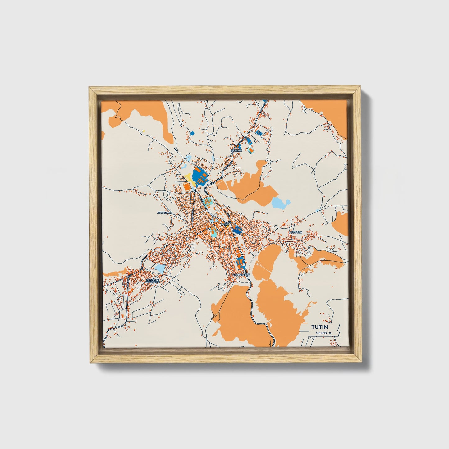 Тутин Serbia Colorful City Map Canvas Print • Natural Wooden Framed