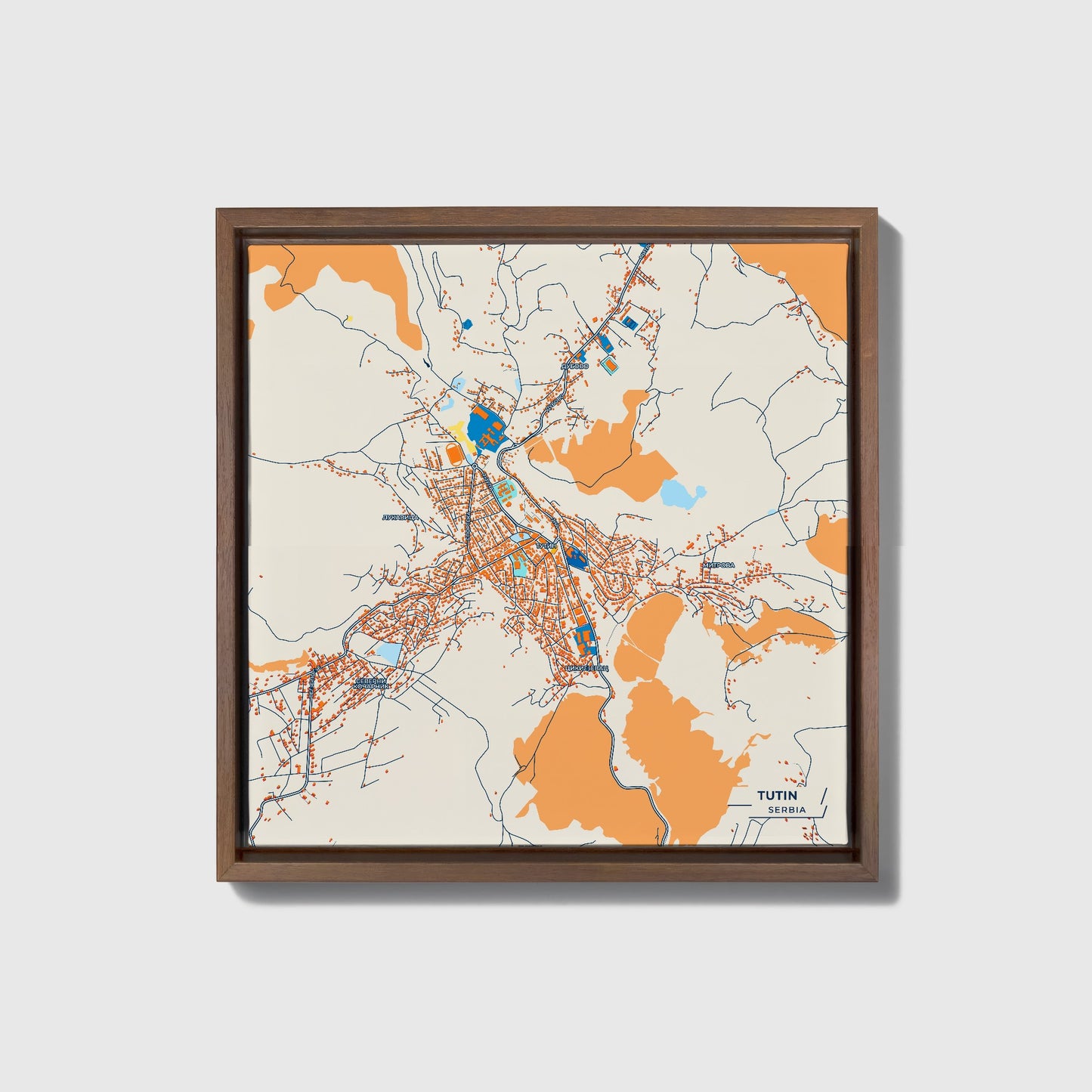 Тутин Serbia Colorful City Map Canvas Print • Dark Wooden Framed