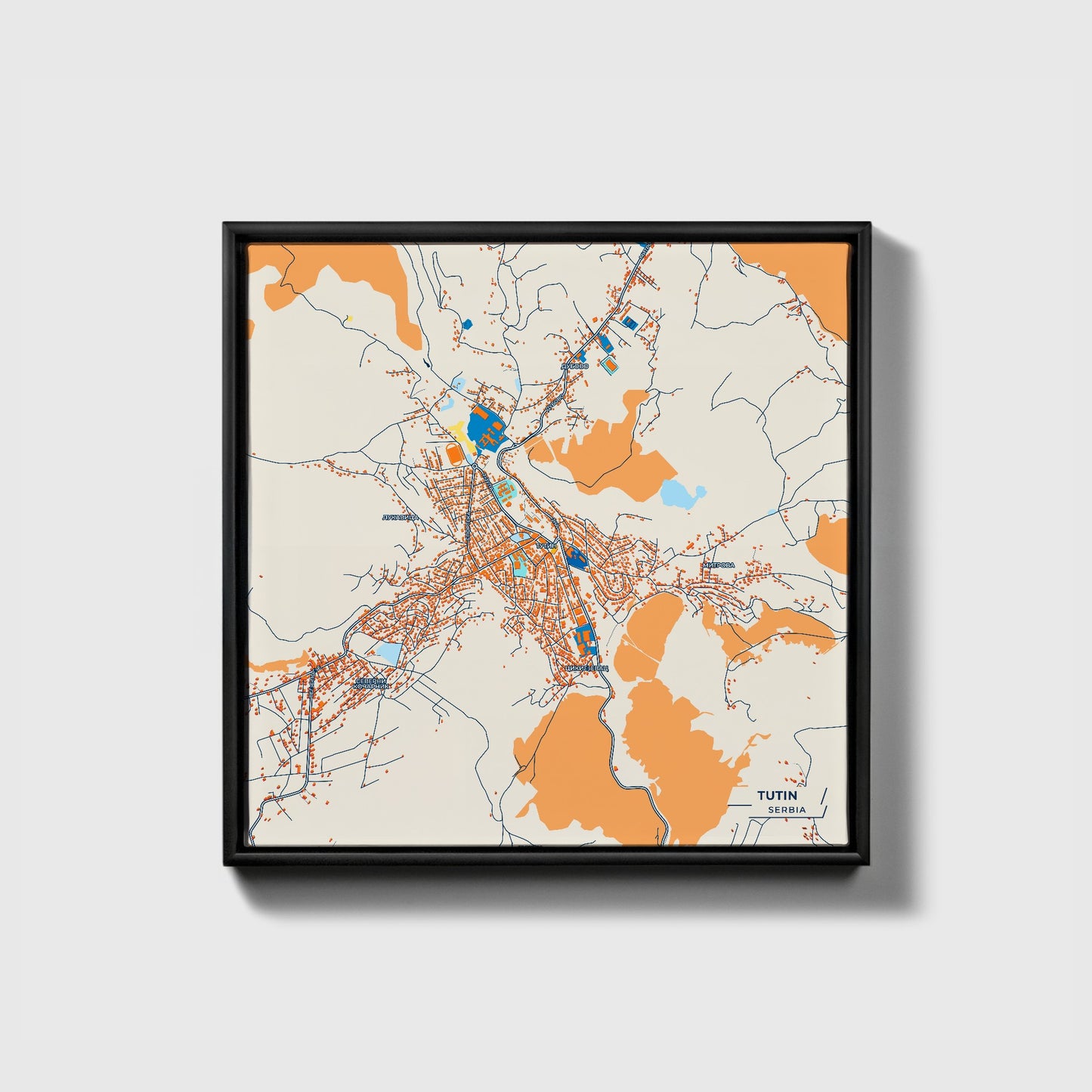 Тутин Serbia Colorful City Map Canvas Print • Black Framed