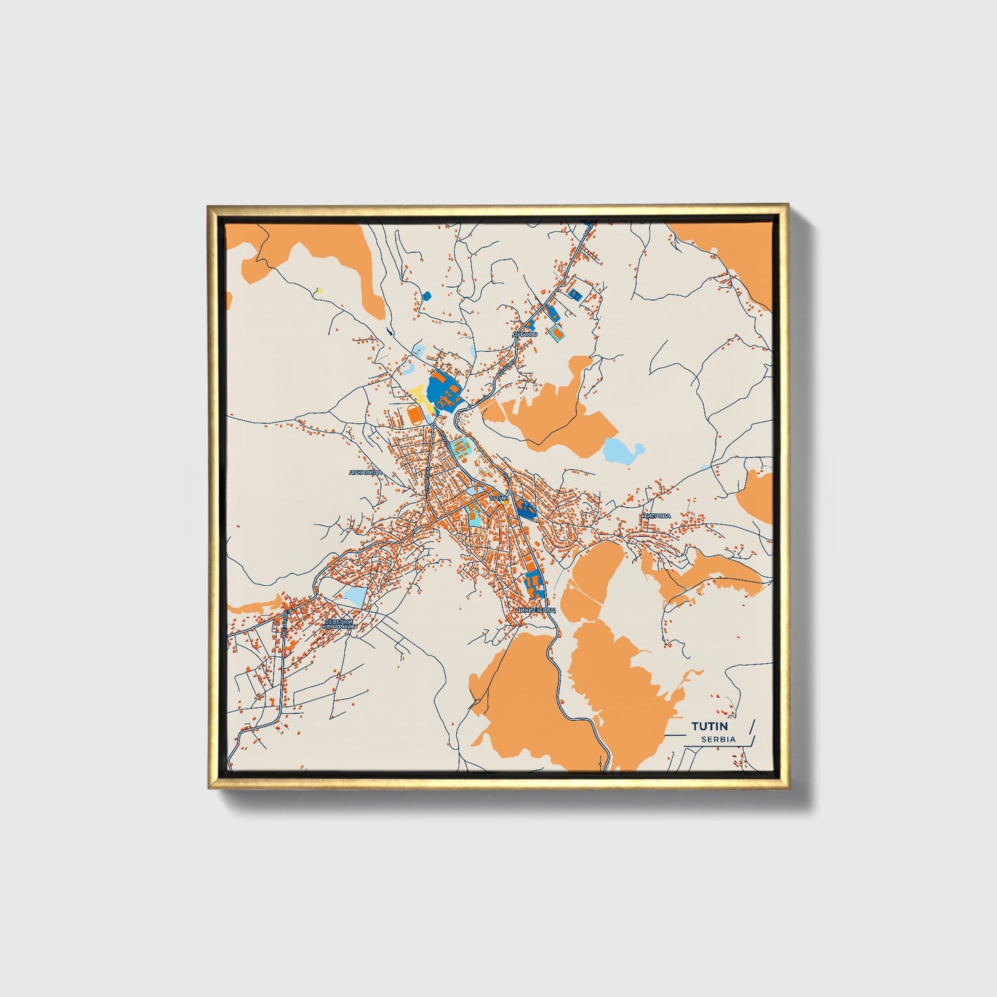 Тутин Serbia Colorful City Map Canvas Print • Gold Framed