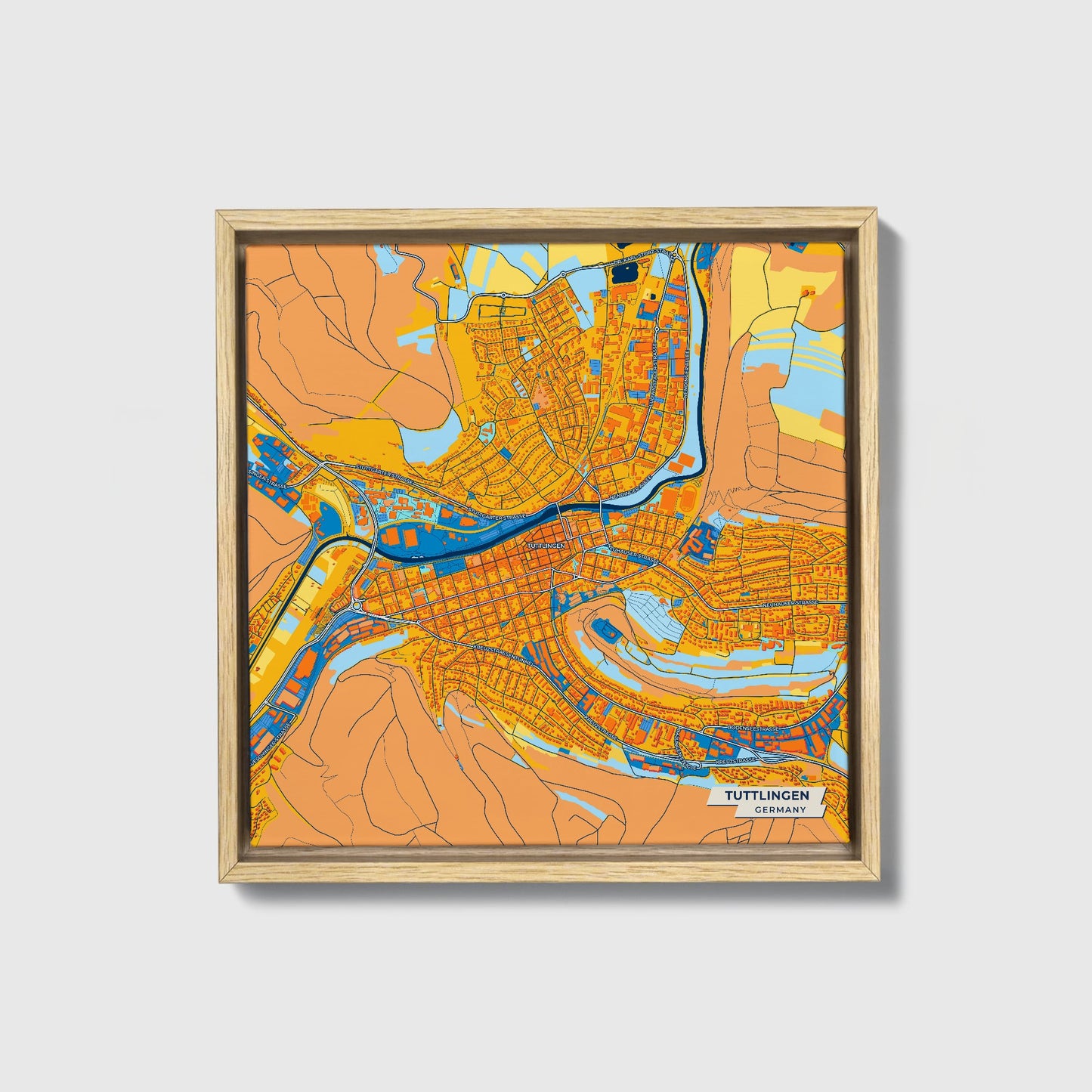 Tuttlingen Germany Colorful City Map Canvas Print • Natural Wooden Framed