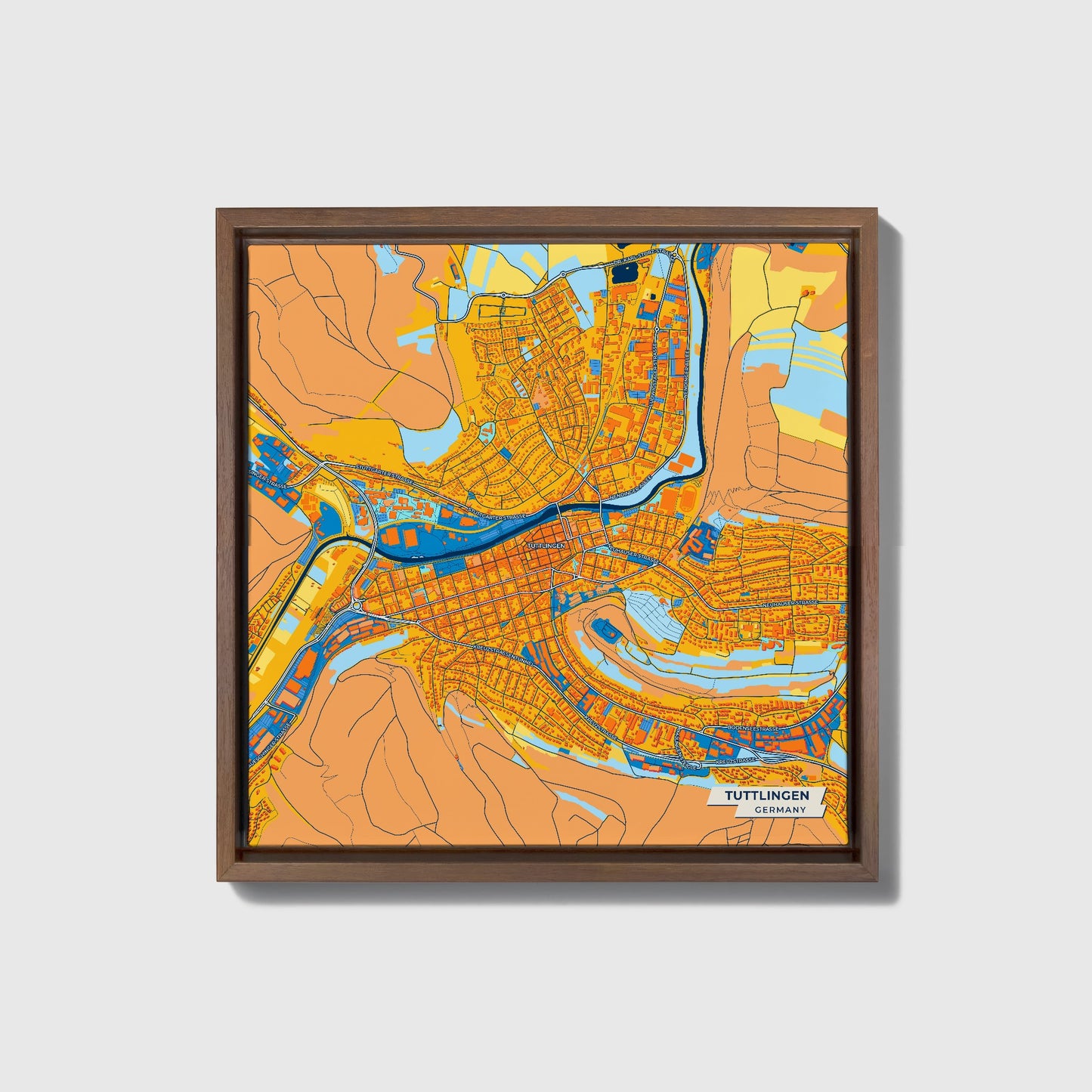 Tuttlingen Germany Colorful City Map Canvas Print • Dark Wooden Framed