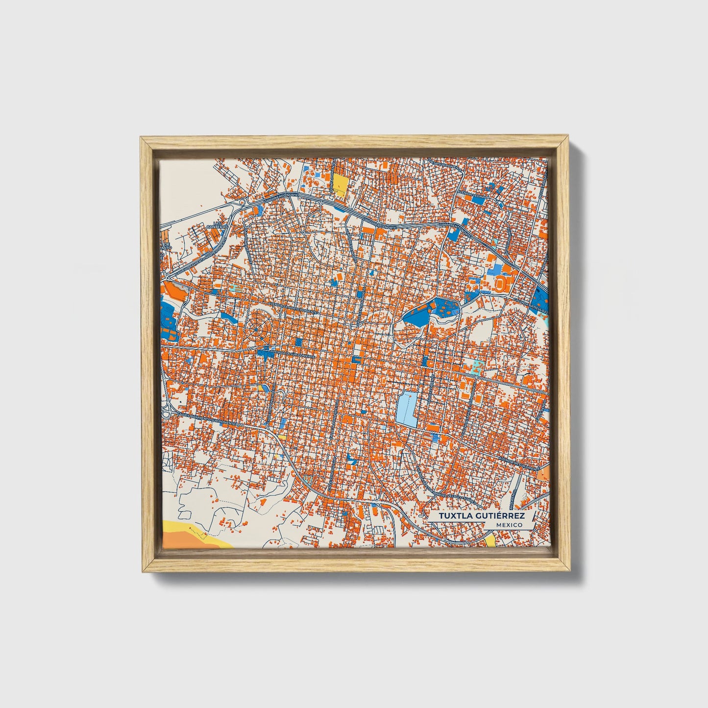 Tuxtla Gutiérrez Mexico Colorful City Map Canvas Print • Natural Wooden Framed