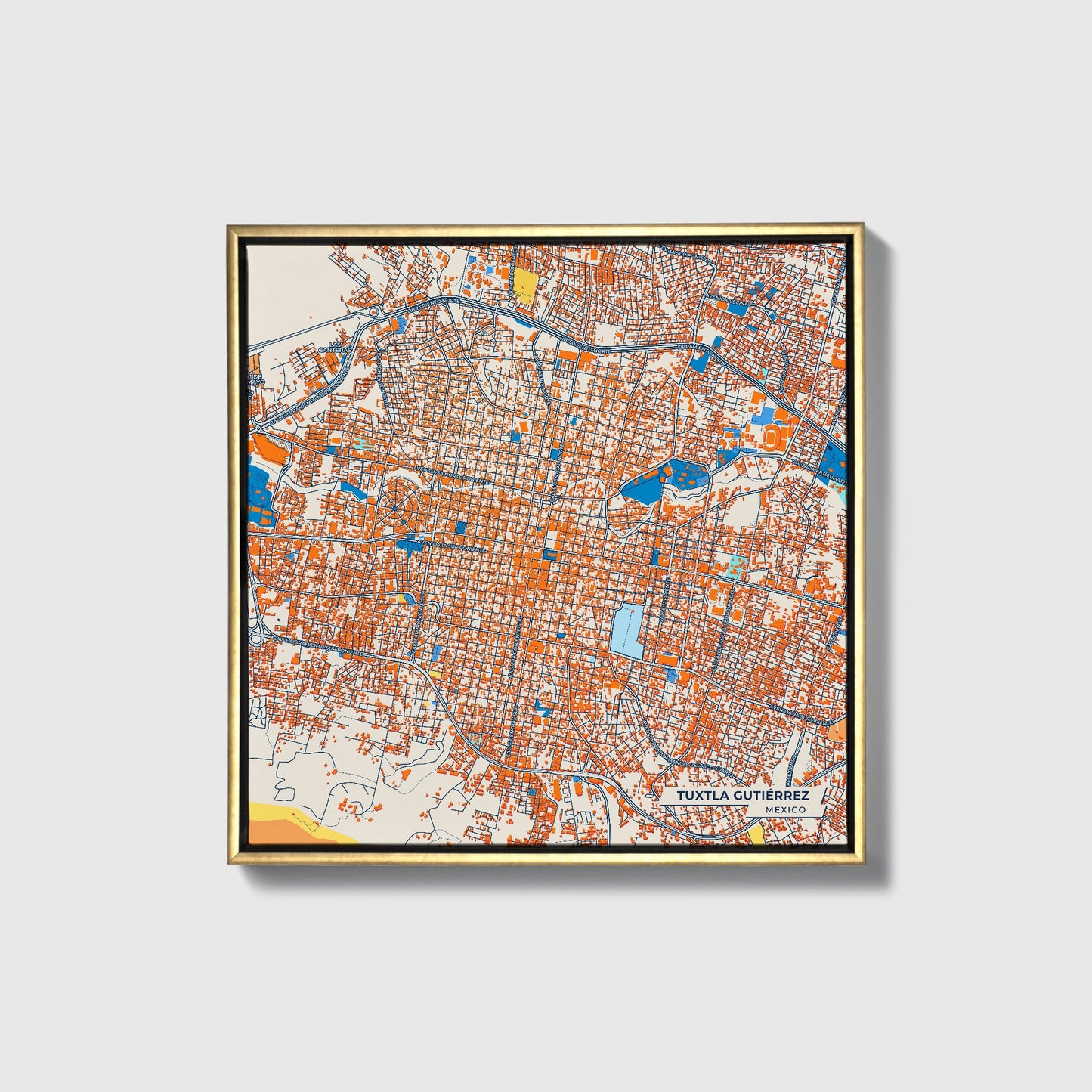 Tuxtla Gutiérrez Mexico Colorful City Map Canvas Print • Gold Framed