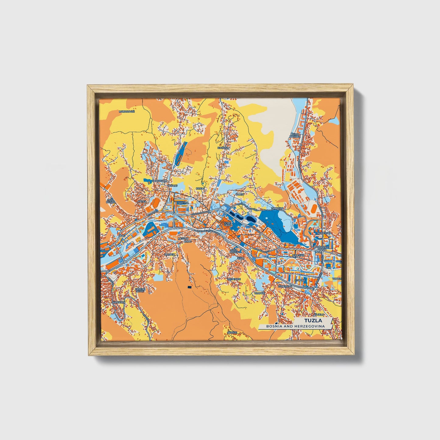 Tuzla Bosnia And Herzegovina Colorful City Map Canvas Print • Natural Wooden Framed