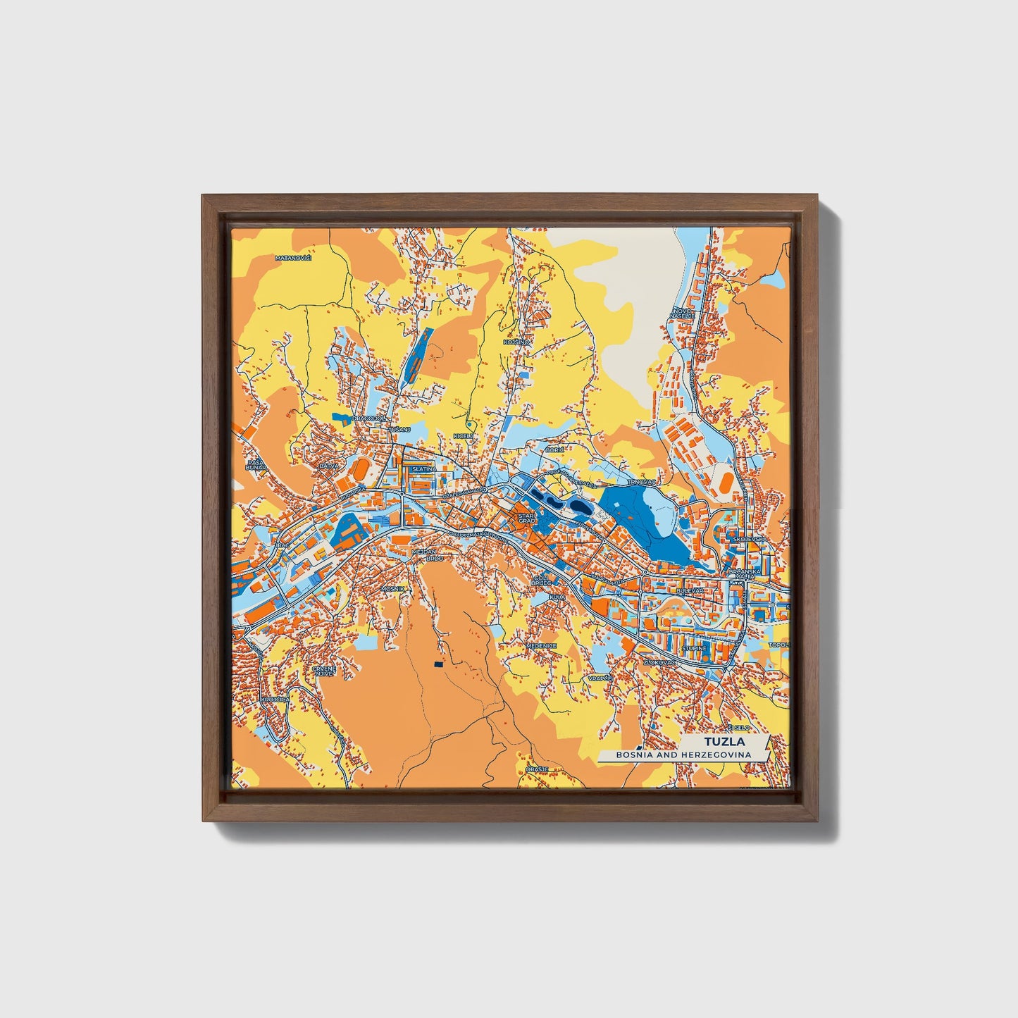 Tuzla Bosnia And Herzegovina Colorful City Map Canvas Print • Dark Wooden Framed