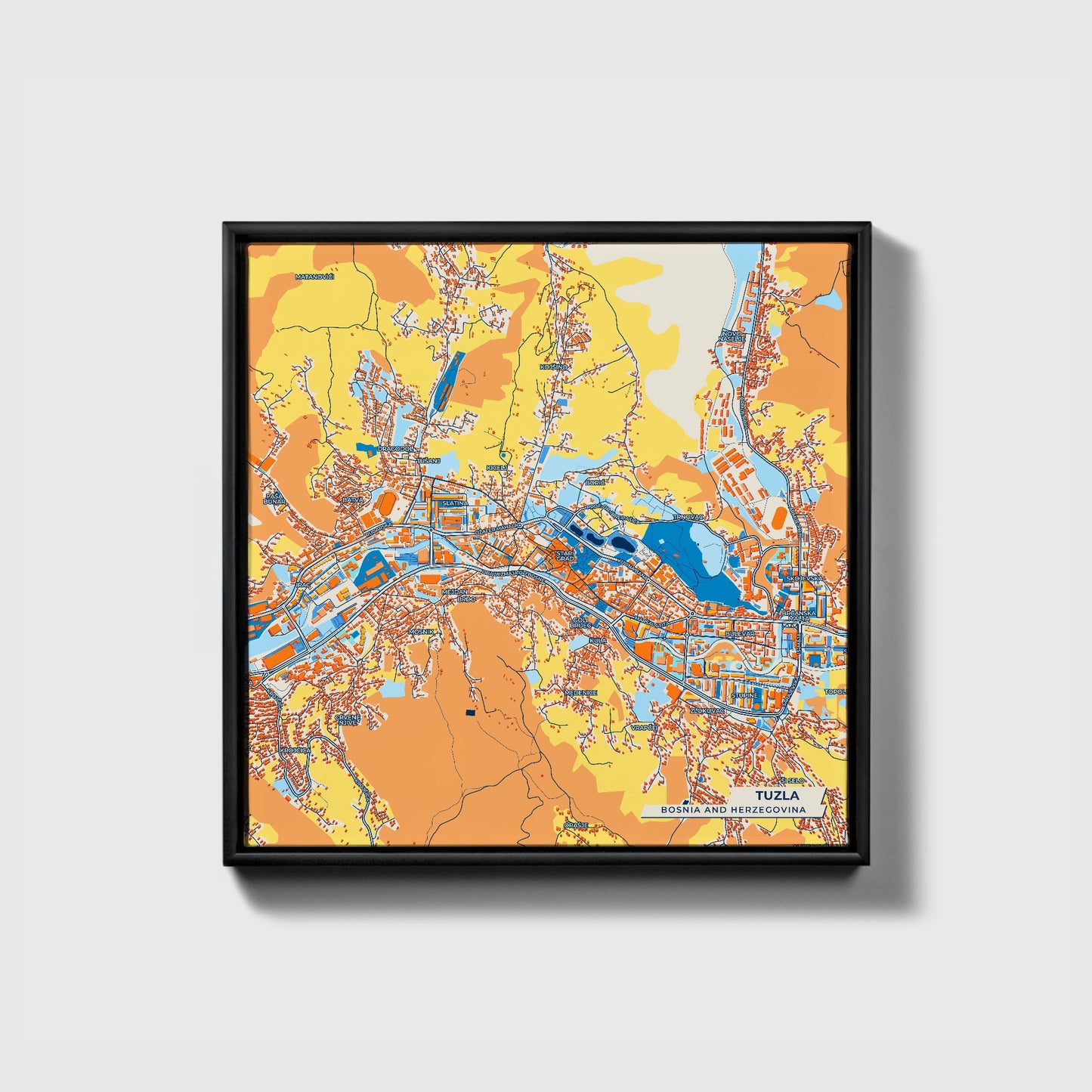 Tuzla Bosnia And Herzegovina Colorful City Map Canvas Print • Black Framed