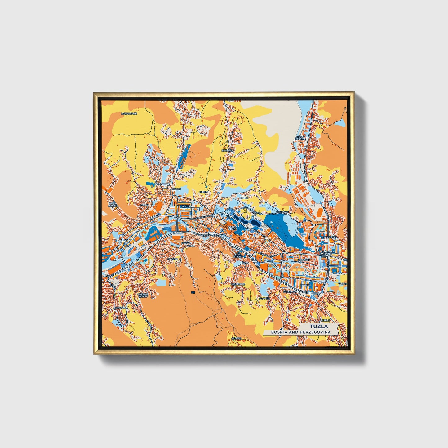 Tuzla Bosnia And Herzegovina Colorful City Map Canvas Print • Gold Framed