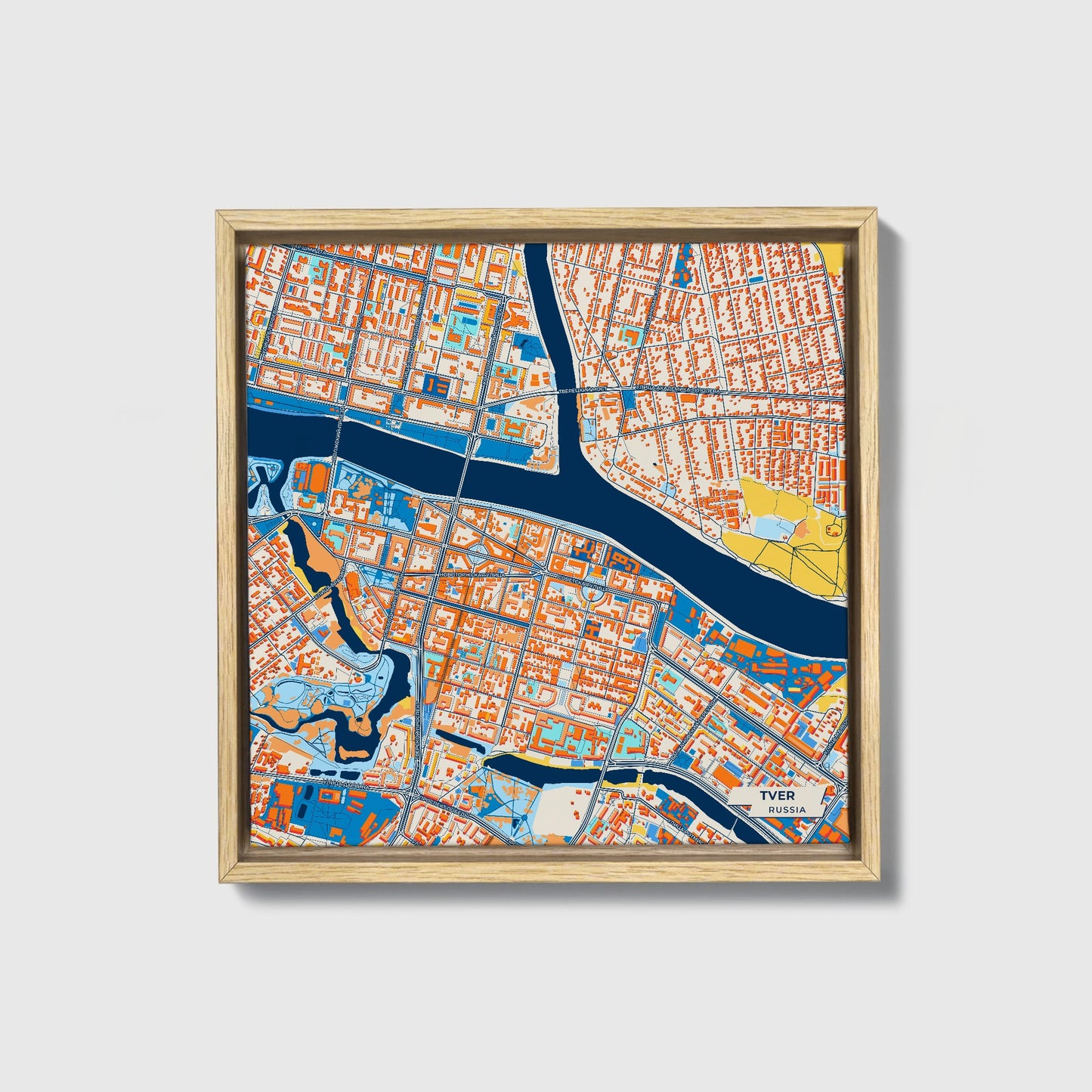 Тверь Russia Colorful City Map Canvas Print • Natural Wooden Framed