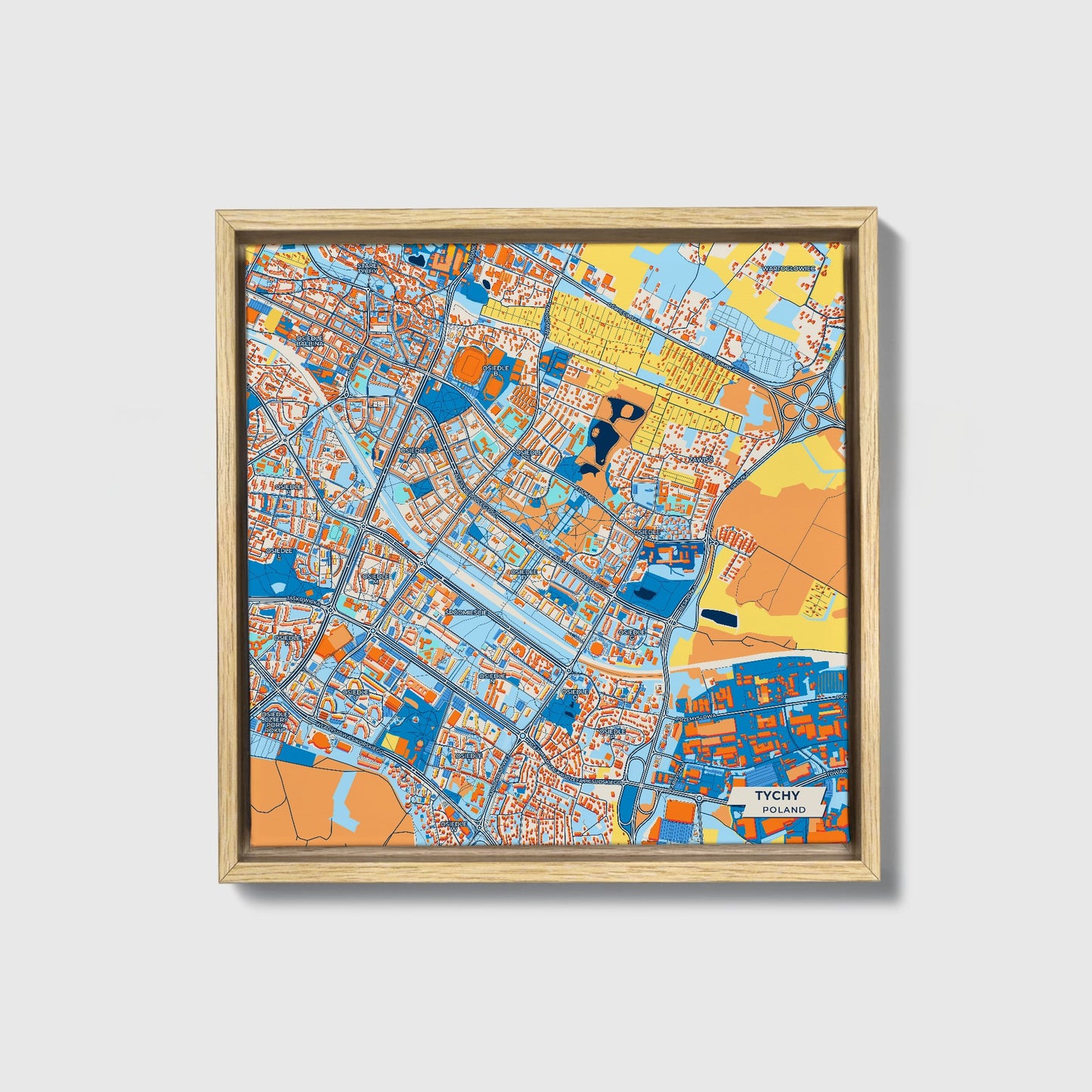 Tychy Poland Colorful City Map Canvas Print • Natural Wooden Framed