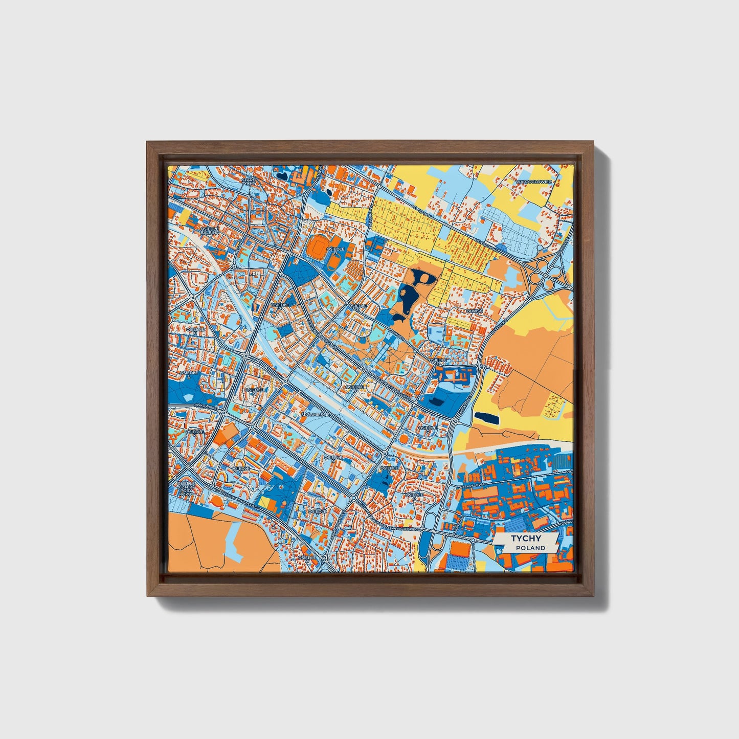 Tychy Poland Colorful City Map Canvas Print • Dark Wooden Framed