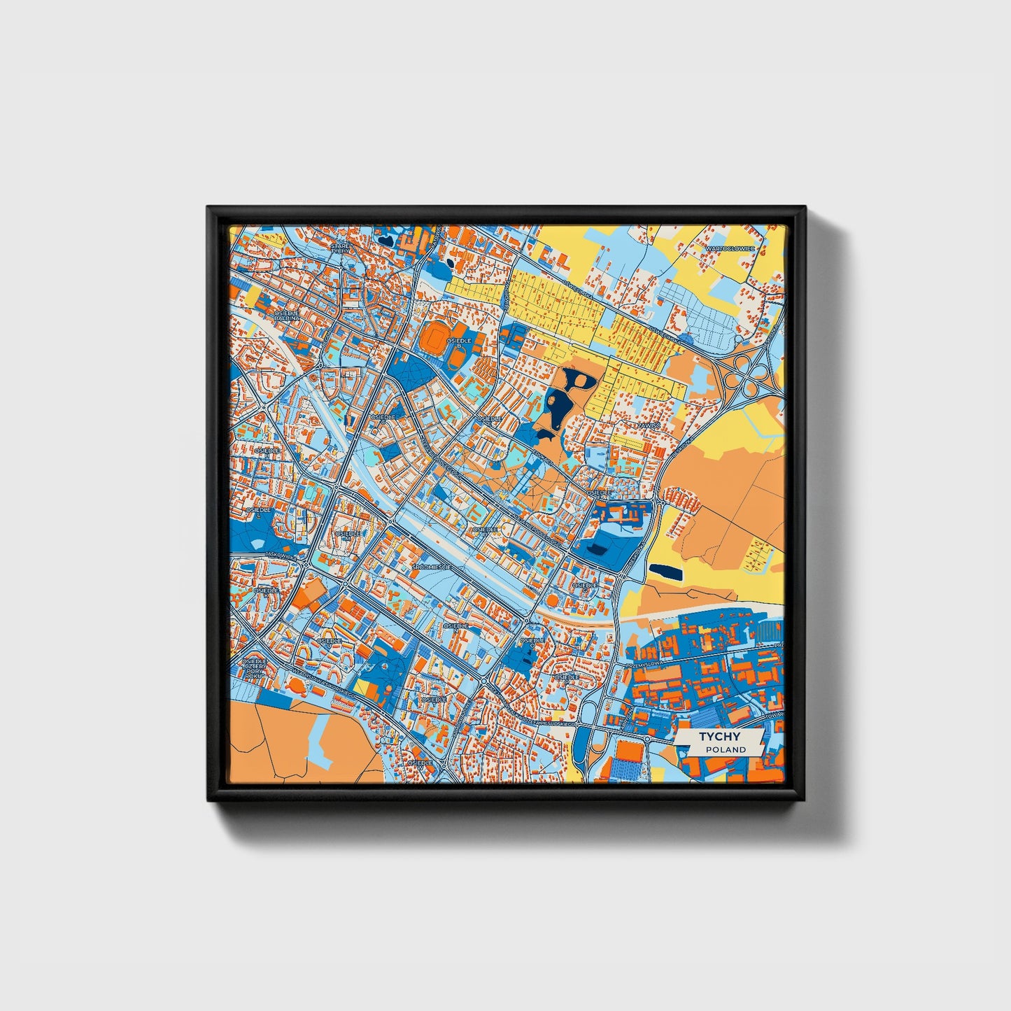 Tychy Poland Colorful City Map Canvas Print • Black Framed