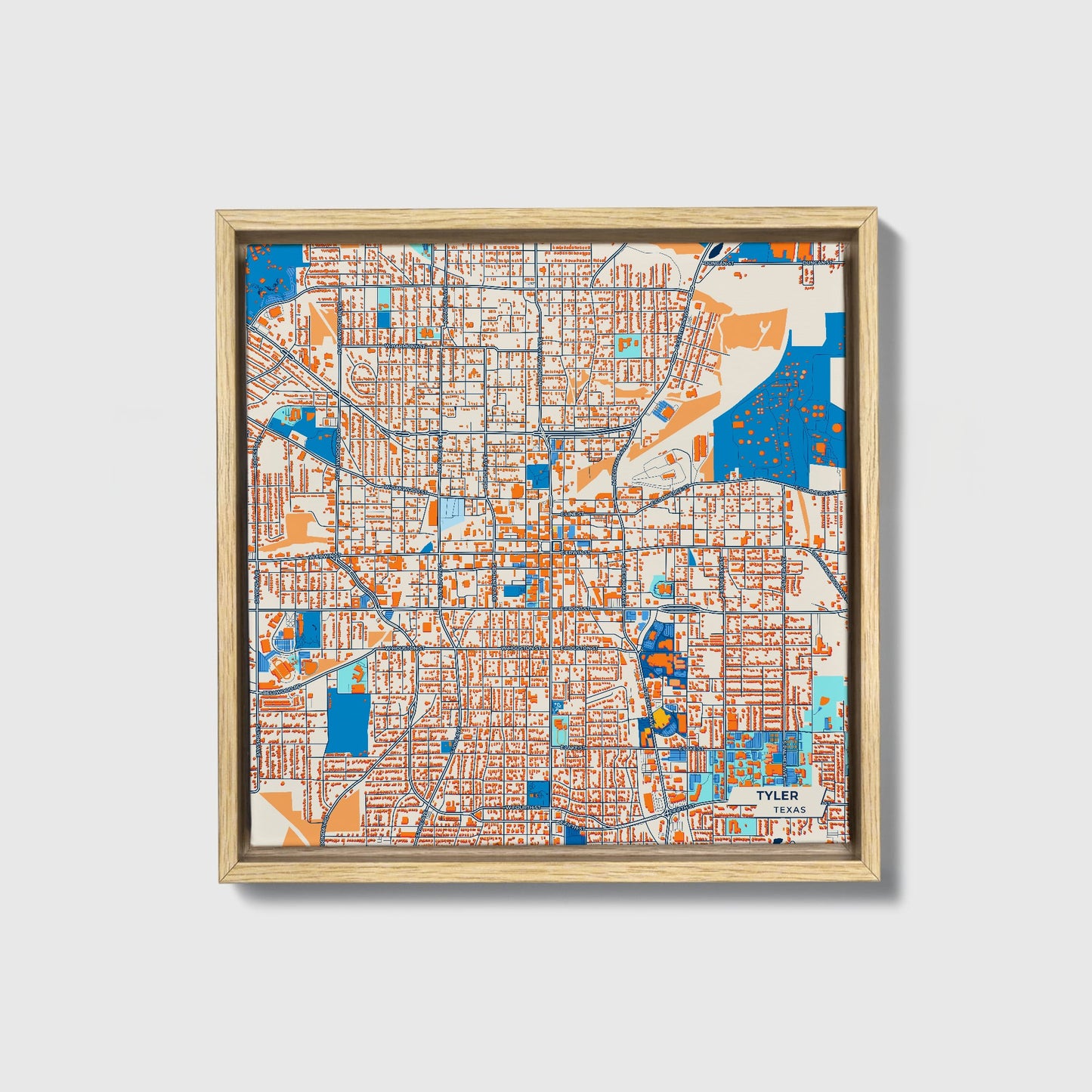 Tyler Texas Colorful City Map Canvas Print • Natural Wooden Framed