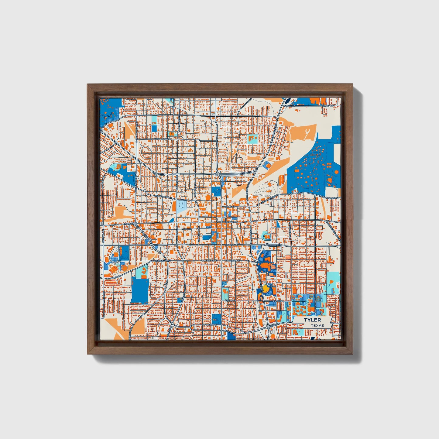 Tyler Texas Colorful City Map Canvas Print • Dark Wooden Framed