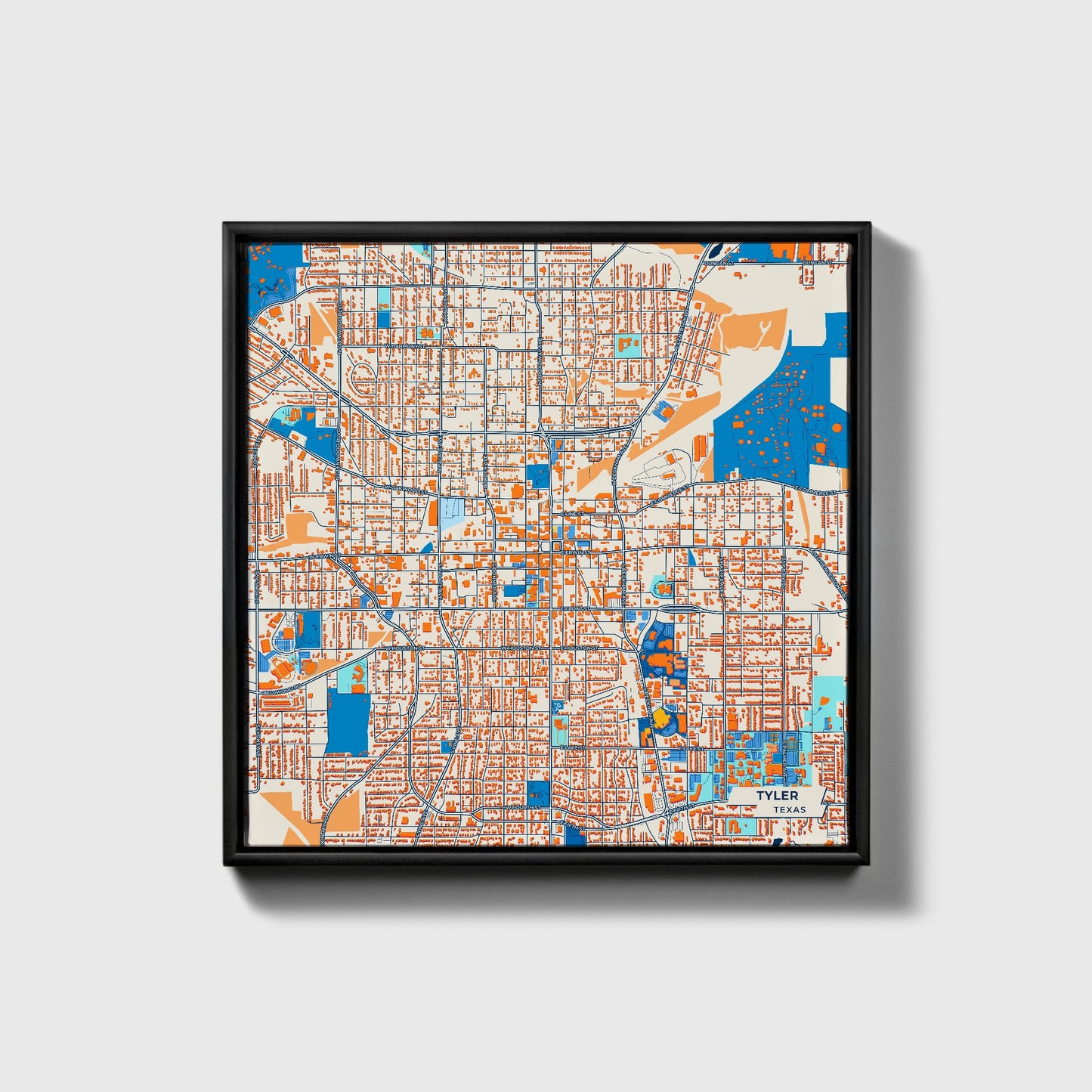 Tyler Texas Colorful City Map Canvas Print • Black Framed