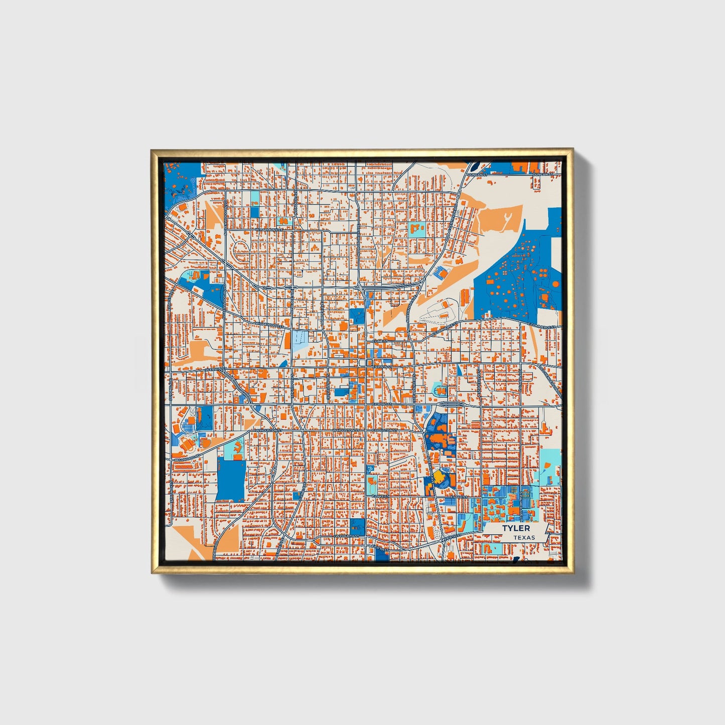 Tyler Texas Colorful City Map Canvas Print • Gold Framed