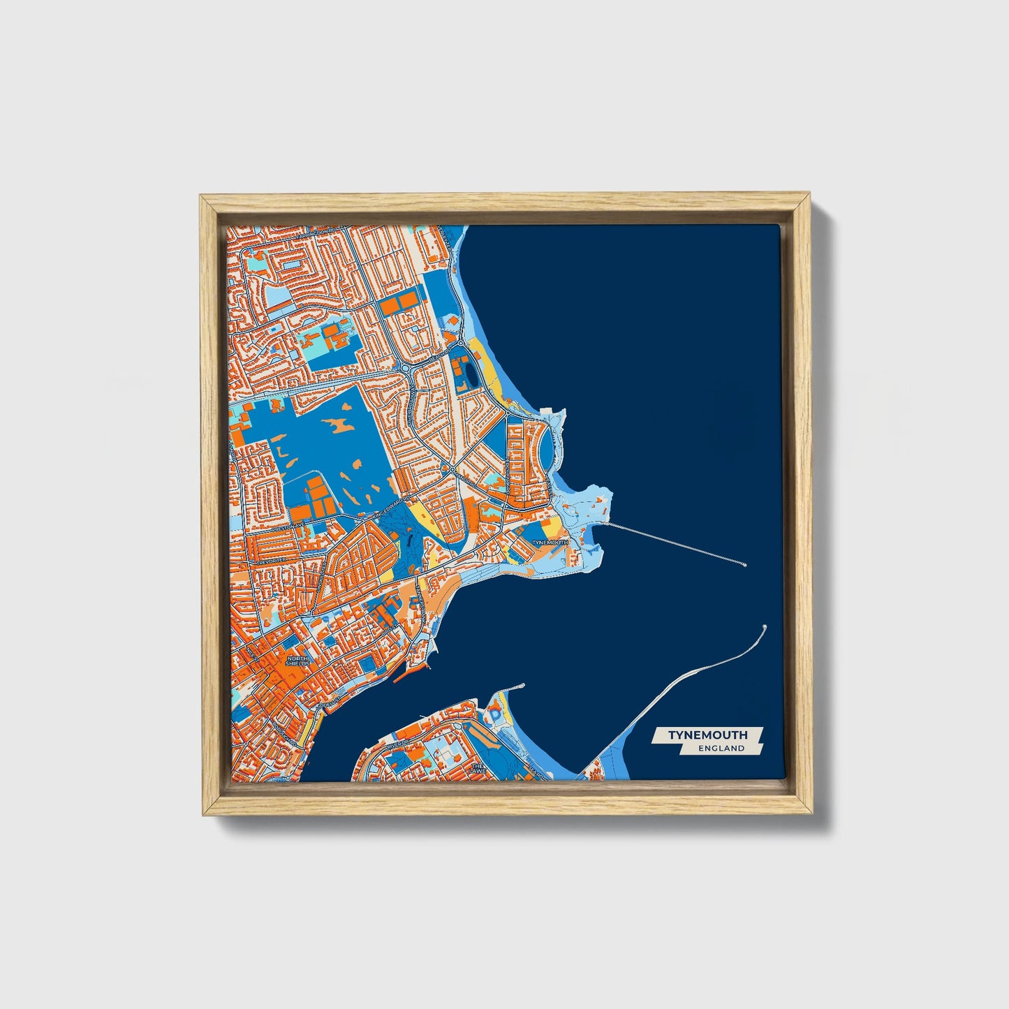 Tynemouth England Colorful City Map Canvas Print • Natural Wooden Framed
