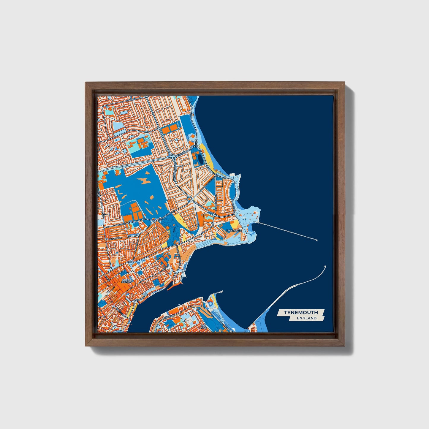Tynemouth England Colorful City Map Canvas Print • Dark Wooden Framed